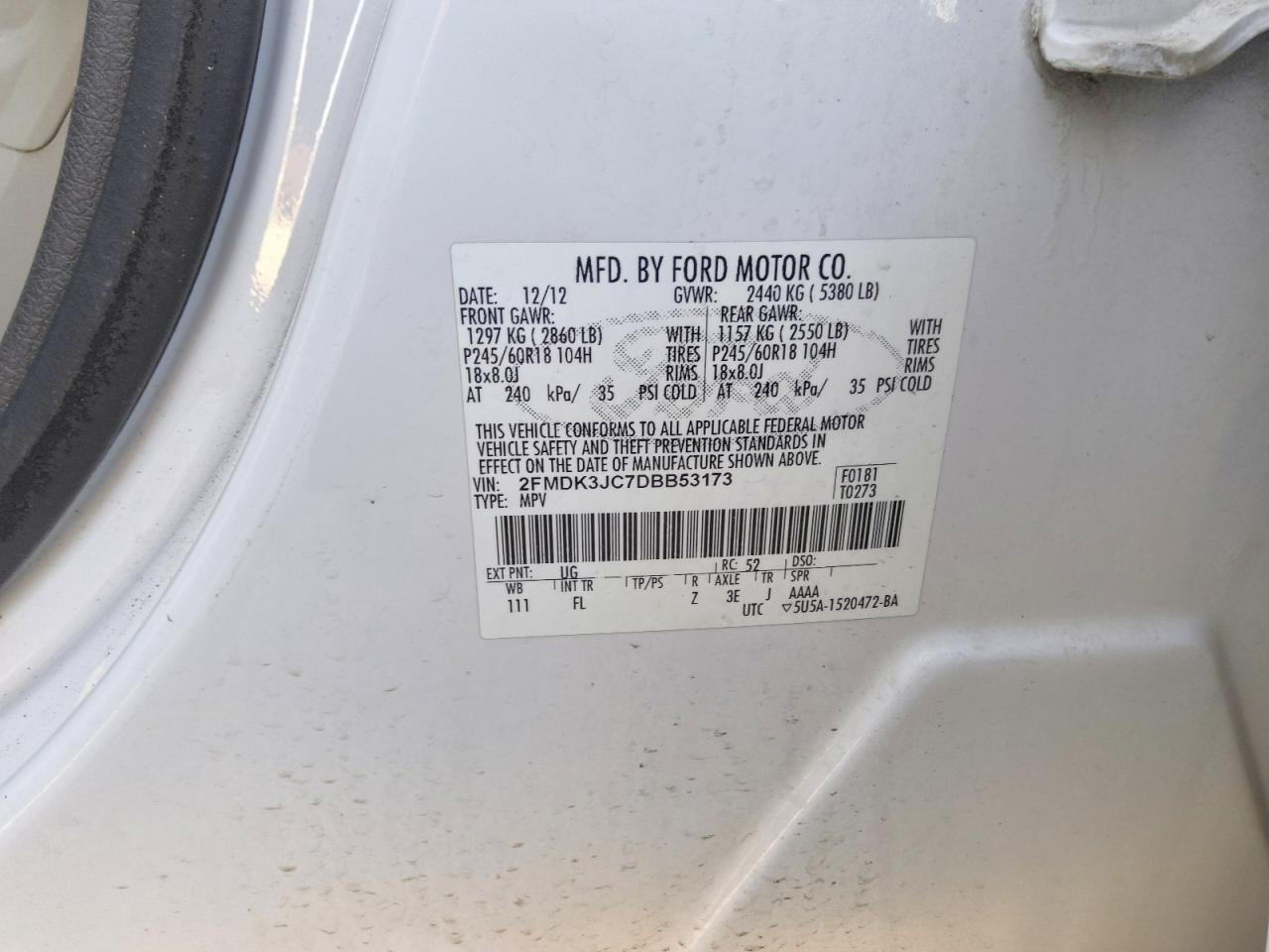 2013 Ford Edge Sel White vin: 2FMDK3JC7DBB53173