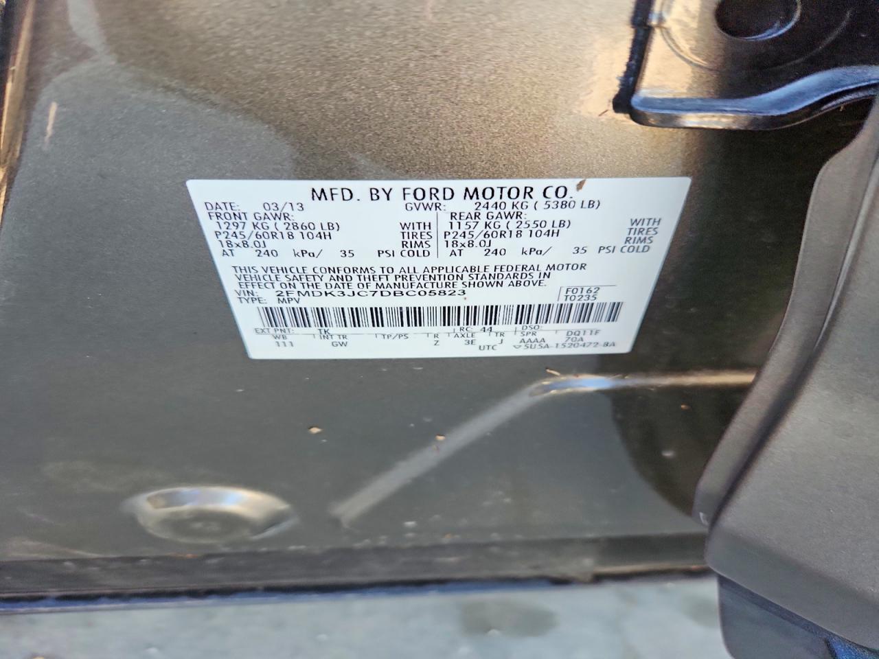 2013 Ford Edge Sel Charcoal vin: 2FMDK3JC7DBC05823