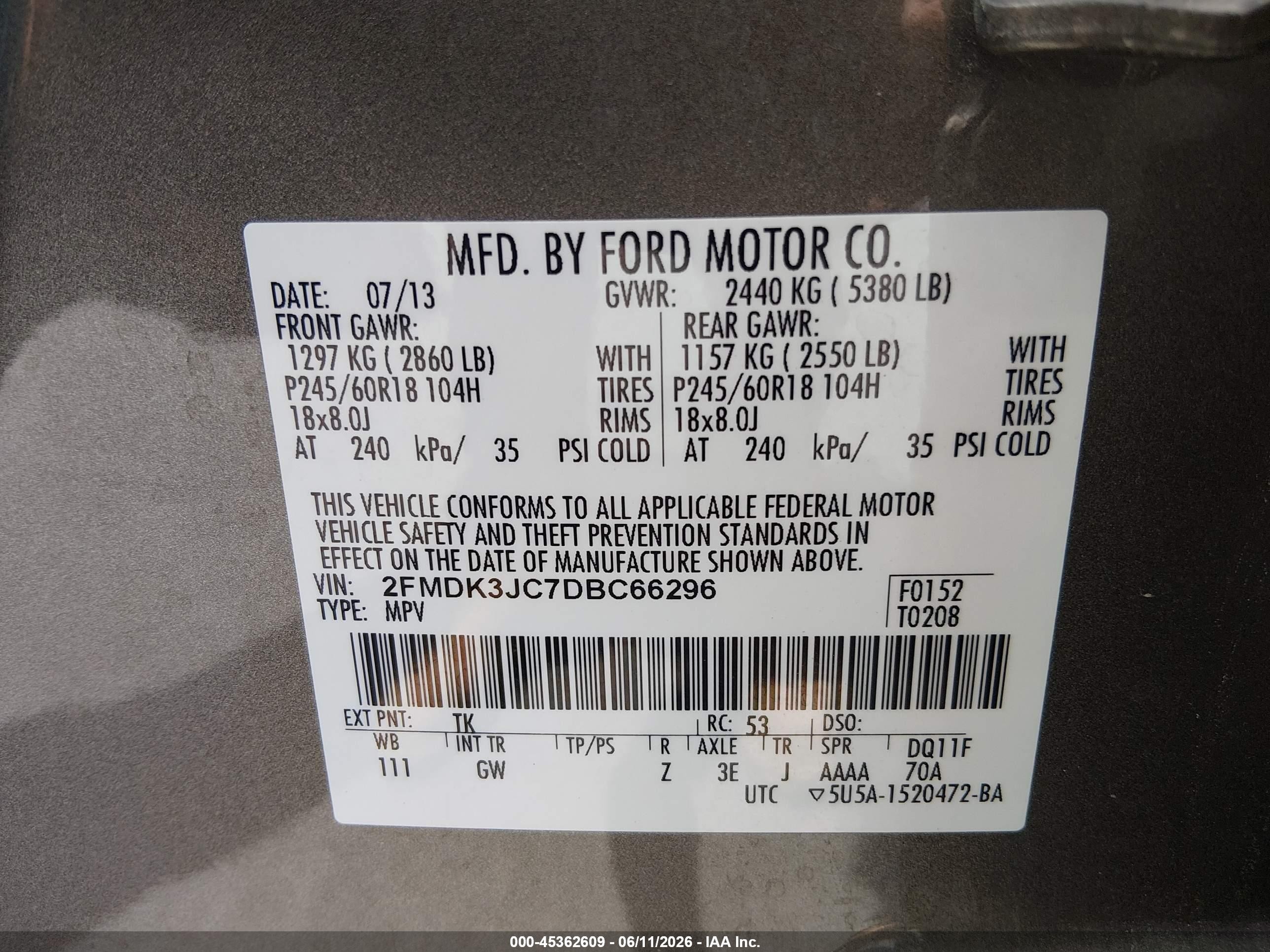 2013 Ford Edge Sel Tan vin: 2FMDK3JC7DBC66296