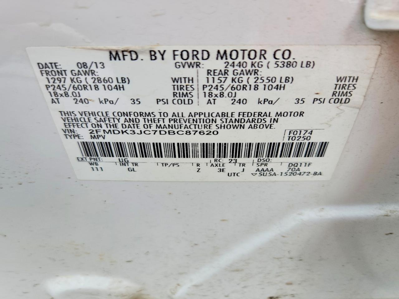 2013 Ford Edge Sel Белый vin: 2FMDK3JC7DBC87620