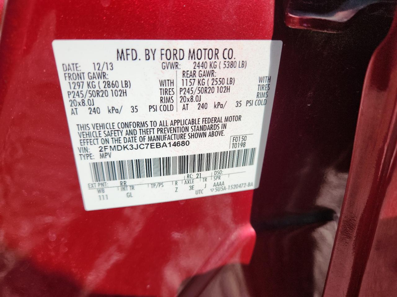 2014 Ford Edge Sel Красный vin: 2FMDK3JC7EBA14680