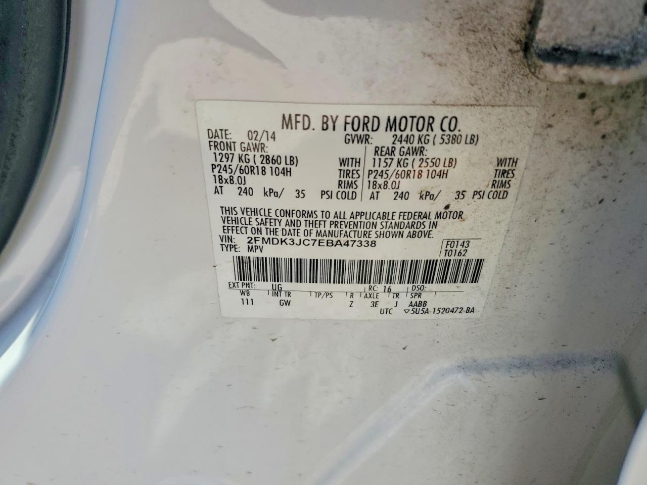2014 Ford Edge Sel White vin: 2FMDK3JC7EBA47338