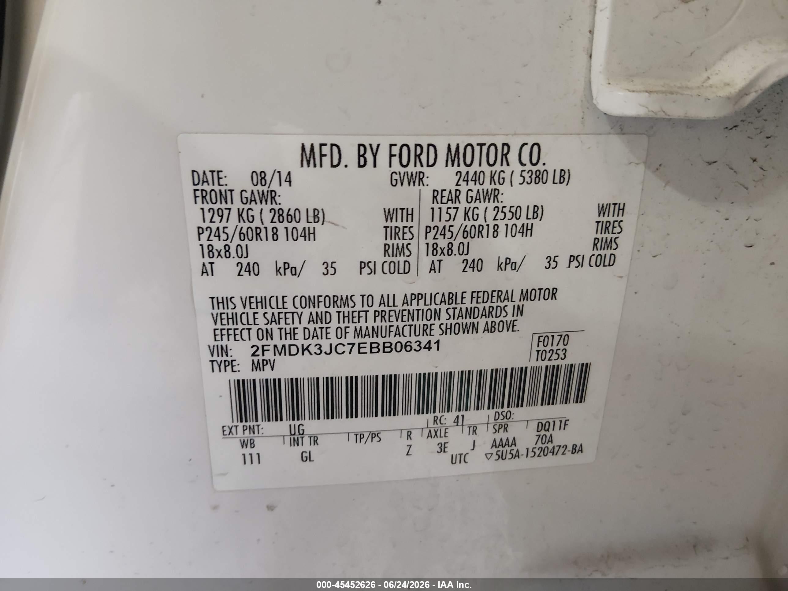 2014 Ford Edge Sel White vin: 2FMDK3JC7EBB06341