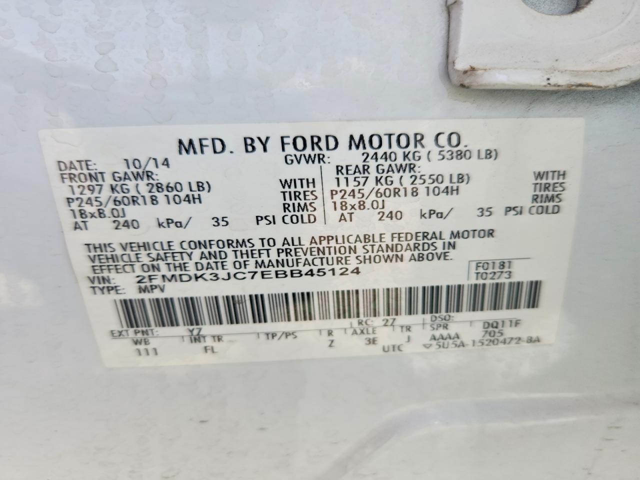 2014 Ford Edge Sel White vin: 2FMDK3JC7EBB45124