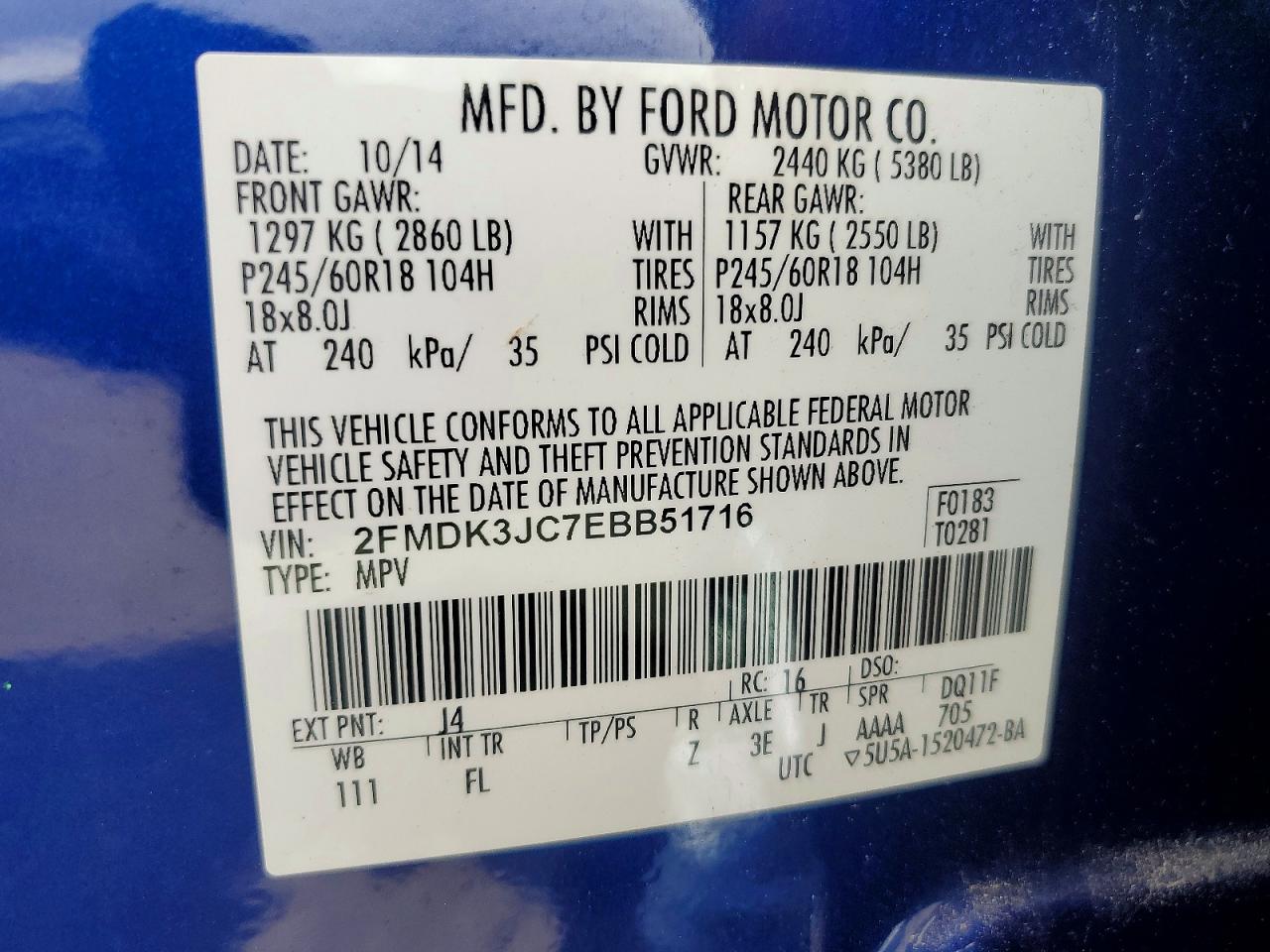 2014 Ford Edge Sel Blue vin: 2FMDK3JC7EBB51716