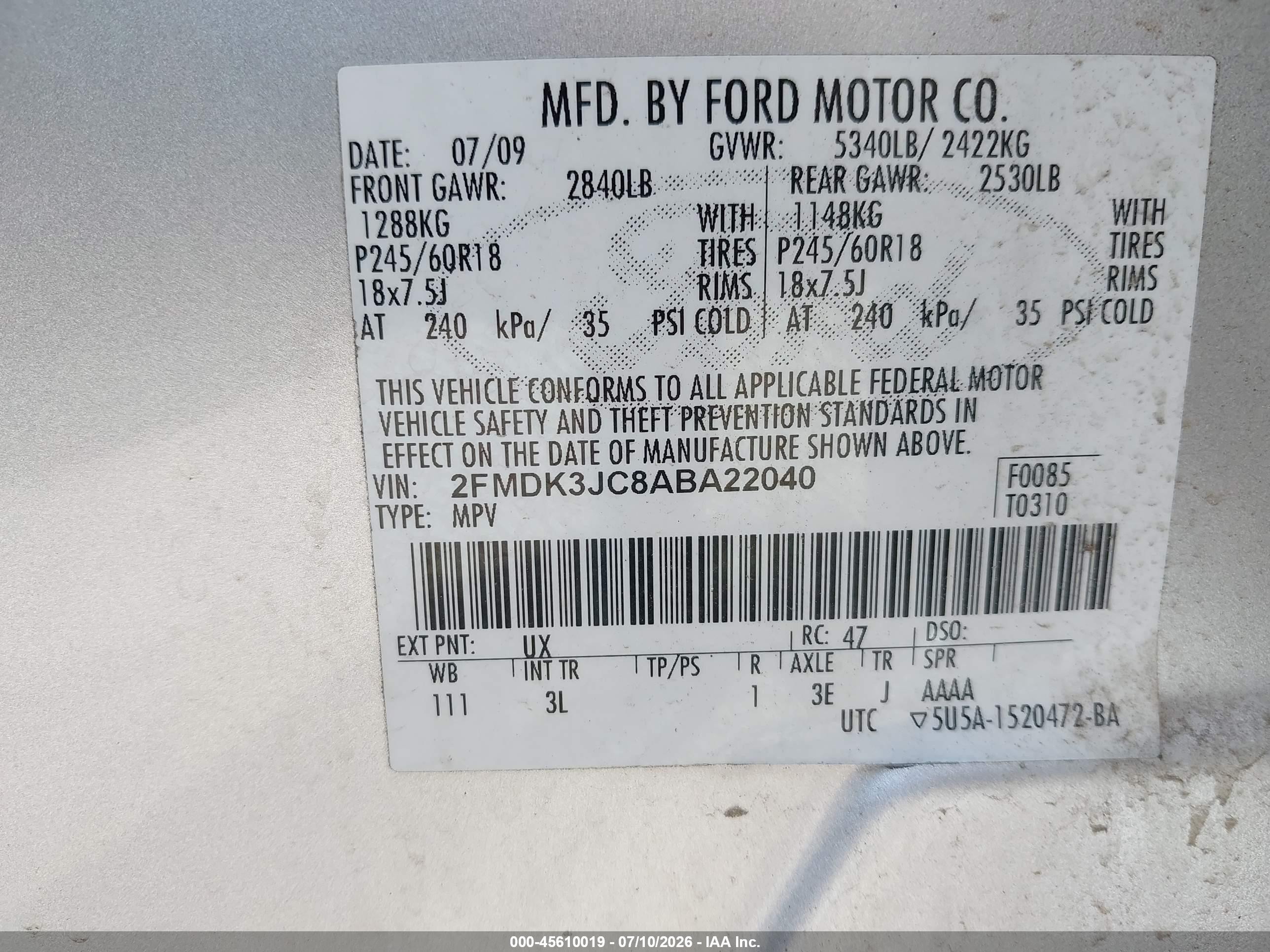 2010 Ford Edge Sel Серебряный vin: 2FMDK3JC8ABA22040