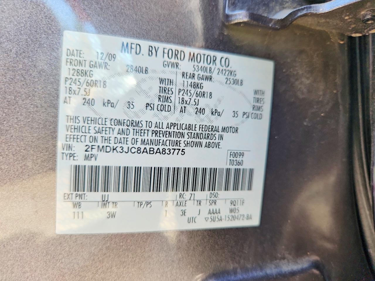 2010 Ford Edge Sel Gray vin: 2FMDK3JC8ABA83775