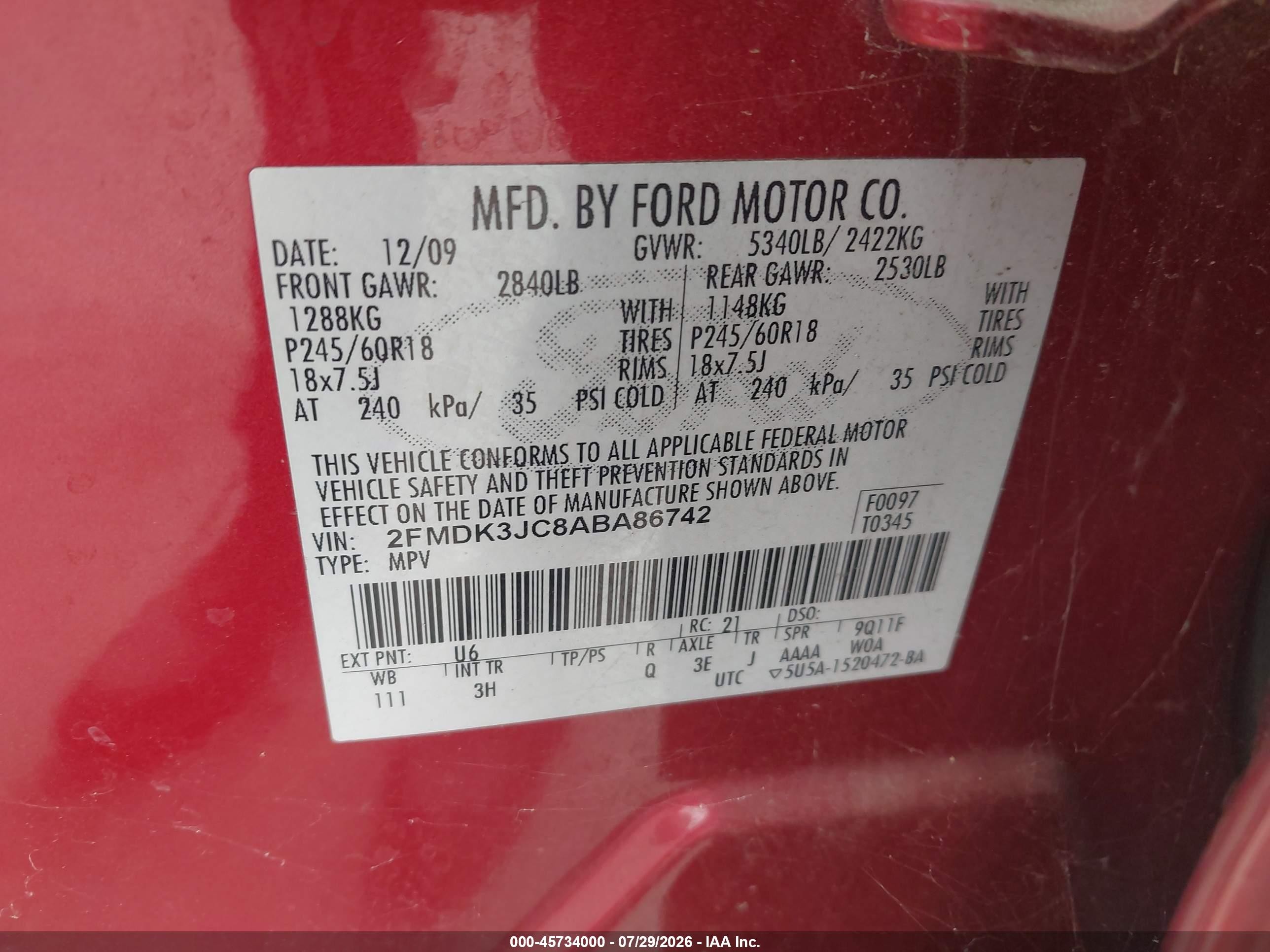 2010 Ford Edge Sel Red vin: 2FMDK3JC8ABA86742