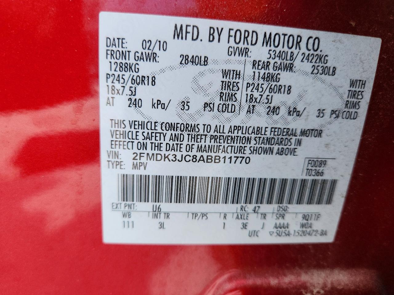 2010 Ford Edge Sel Red vin: 2FMDK3JC8ABB11770