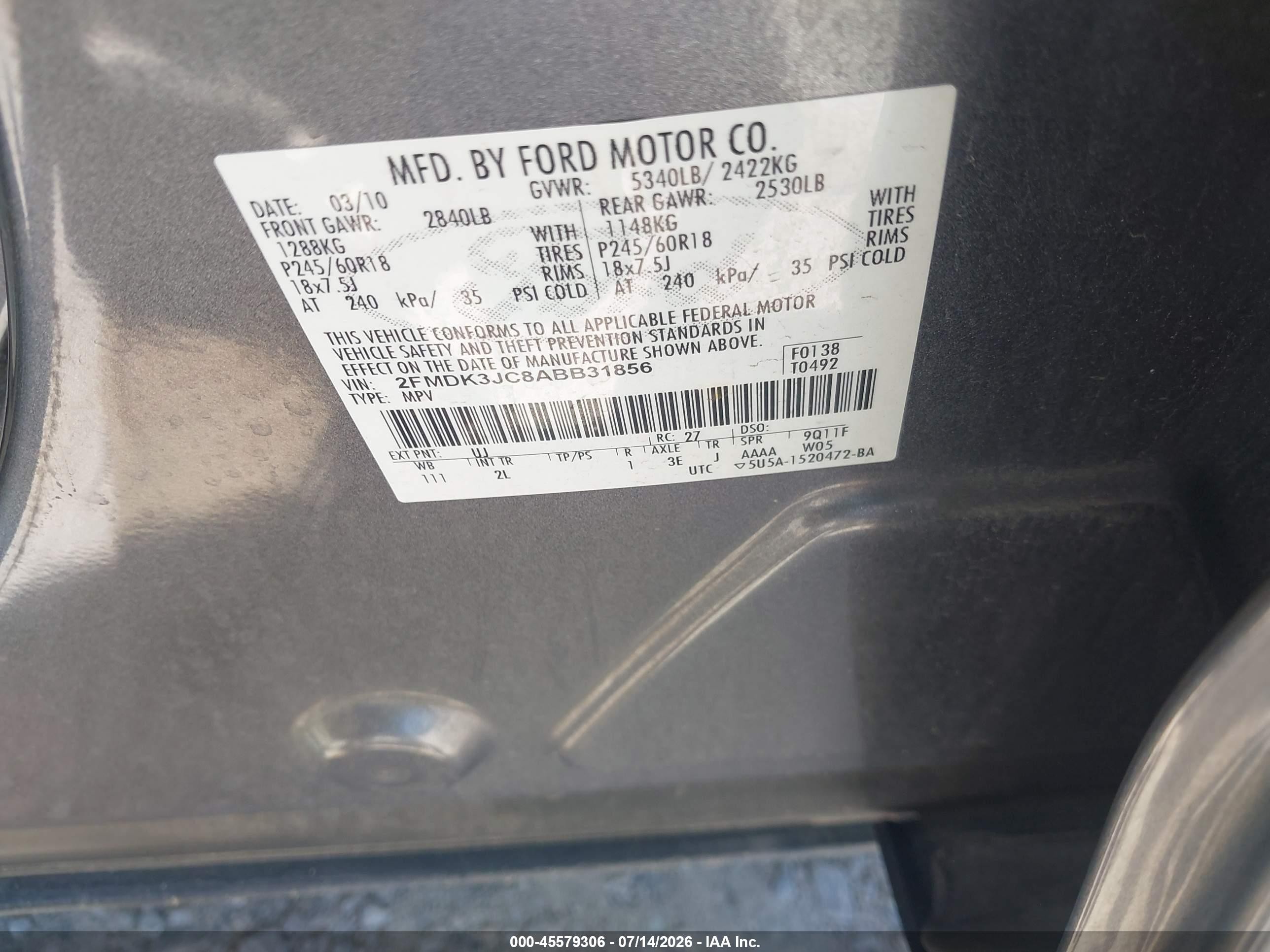 2010 Ford Edge Sel Gray vin: 2FMDK3JC8ABB31856