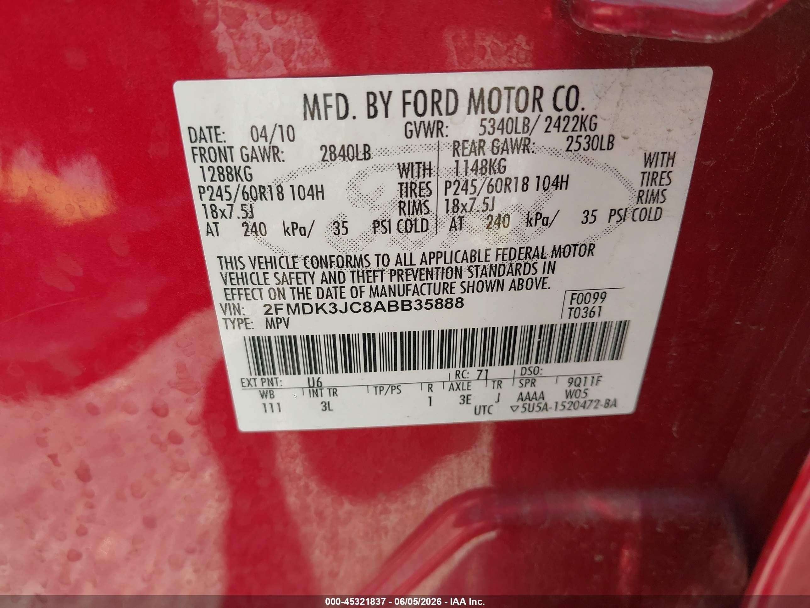 2010 Ford Edge Sel Red vin: 2FMDK3JC8ABB35888