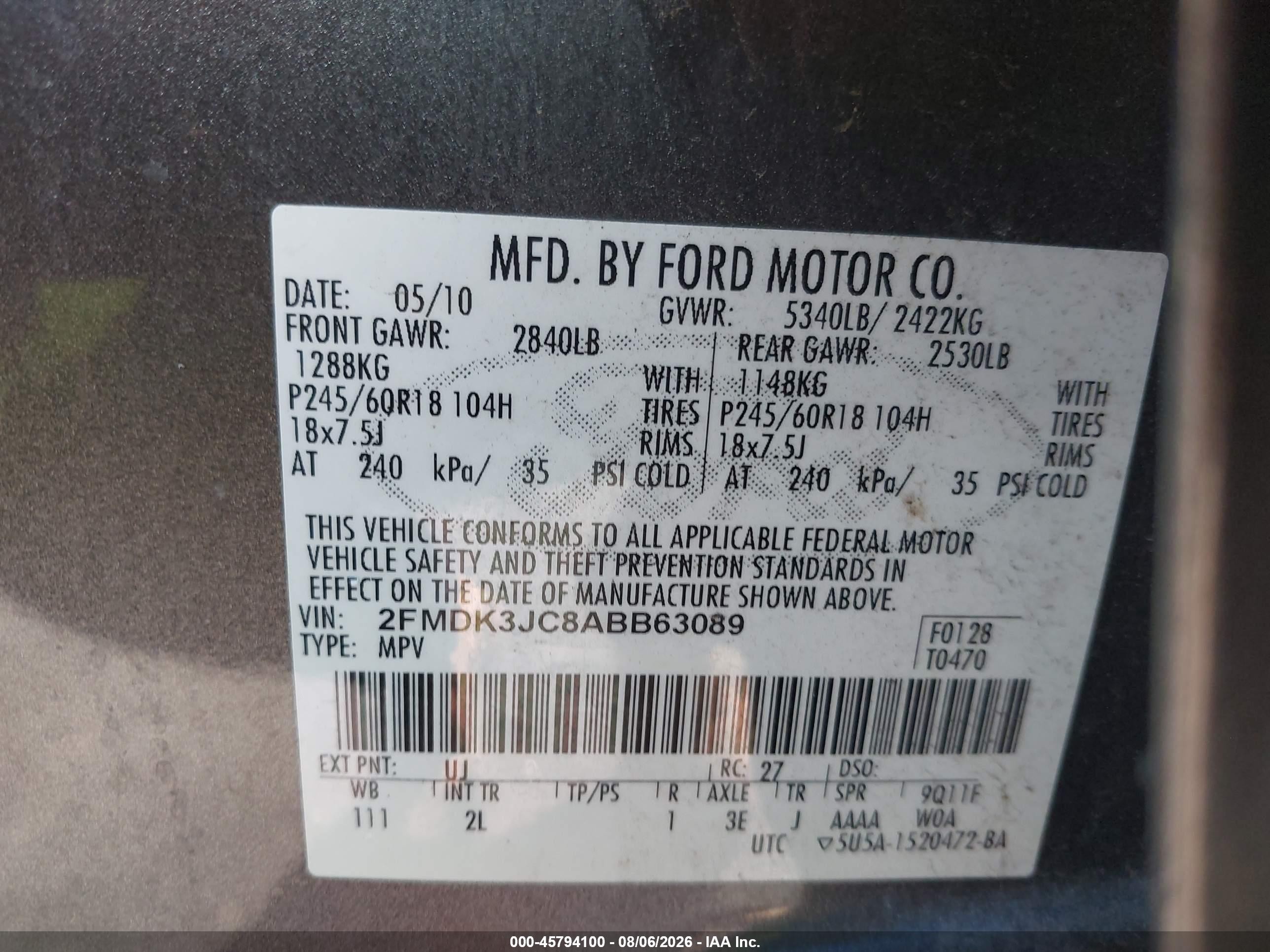 2010 Ford Edge Sel Gray vin: 2FMDK3JC8ABB63089