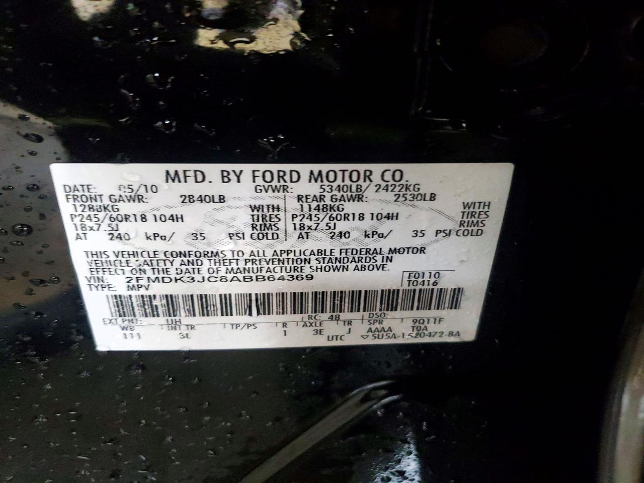 2010 Ford Edge Sel Black vin: 2FMDK3JC8ABB64369