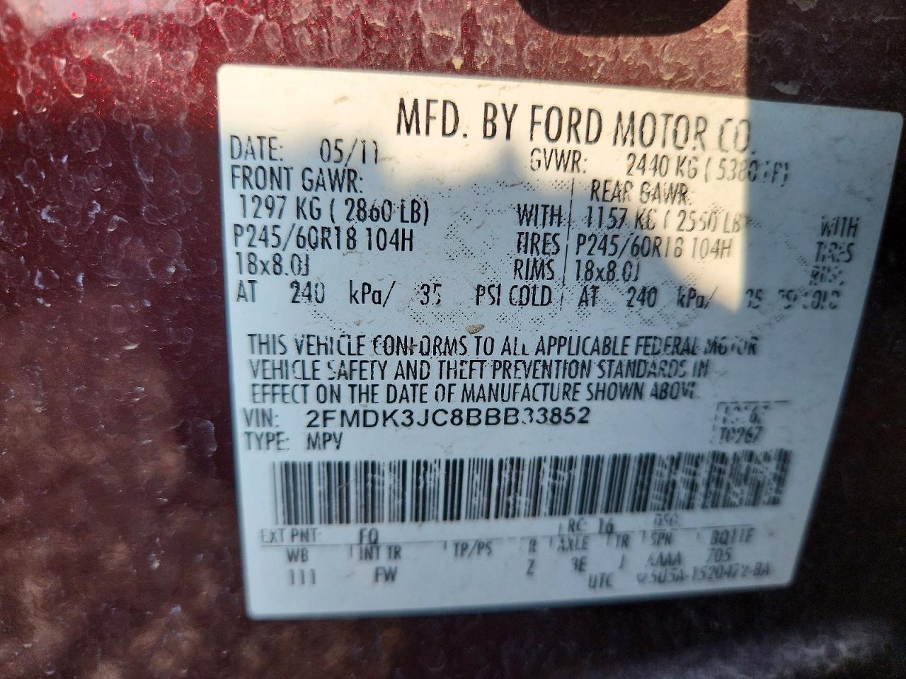 2011 Ford Edge Sel Burgundy vin: 2FMDK3JC8BBB33852