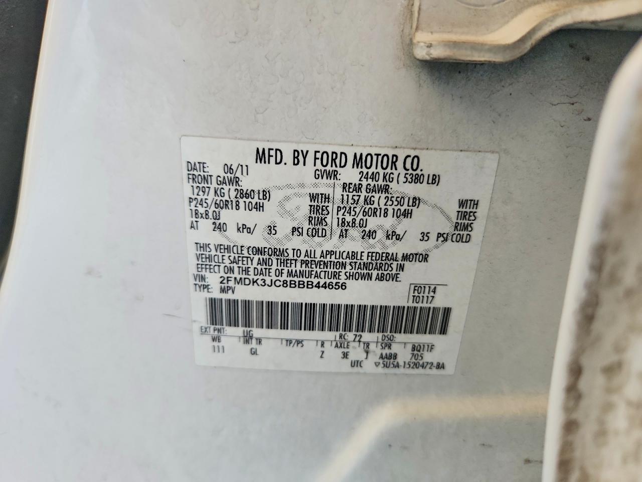 2011 Ford Edge Sel White vin: 2FMDK3JC8BBB44656
