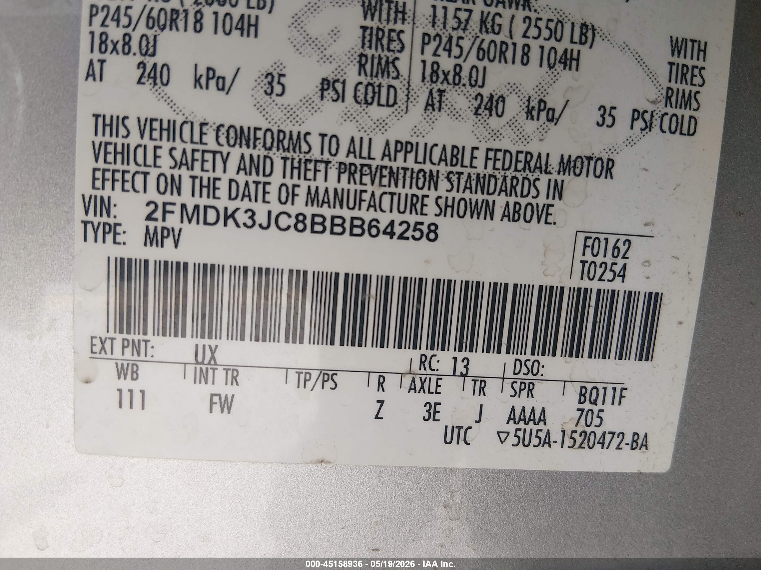 2011 Ford Edge Sel Silver vin: 2FMDK3JC8BBB64258