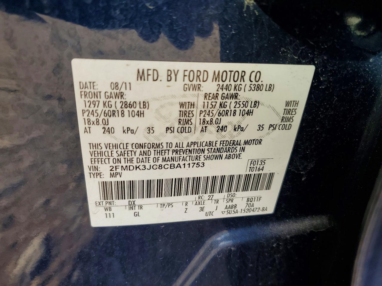 2012 Ford Edge Sel Blue vin: 2FMDK3JC8CBA11753