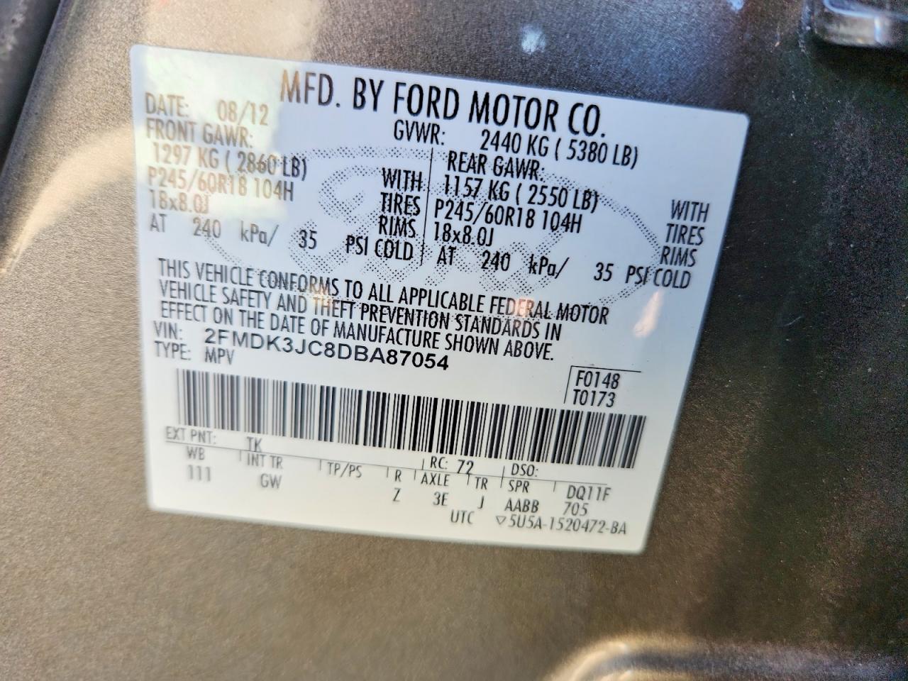 2013 Ford Edge Sel Tan vin: 2FMDK3JC8DBA87054