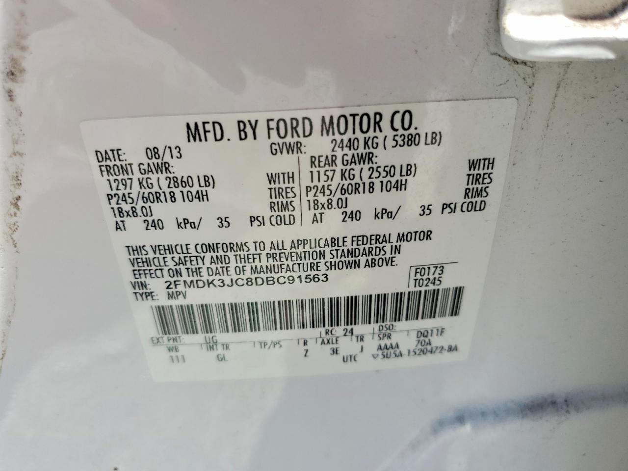 2013 Ford Edge Sel White vin: 2FMDK3JC8DBC91563