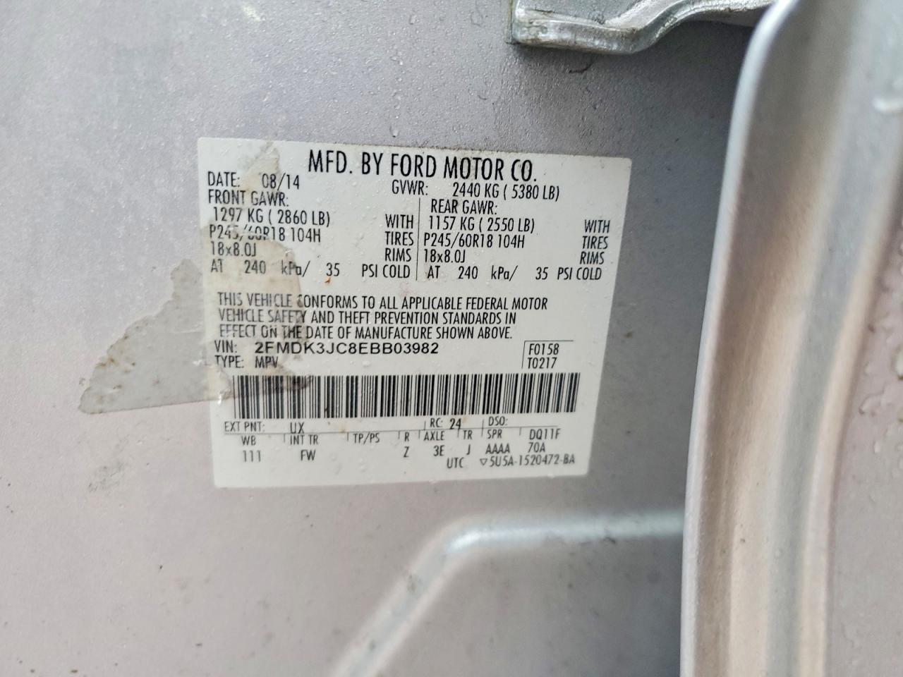 2014 Ford Edge Sel Silver vin: 2FMDK3JC8EBB03982