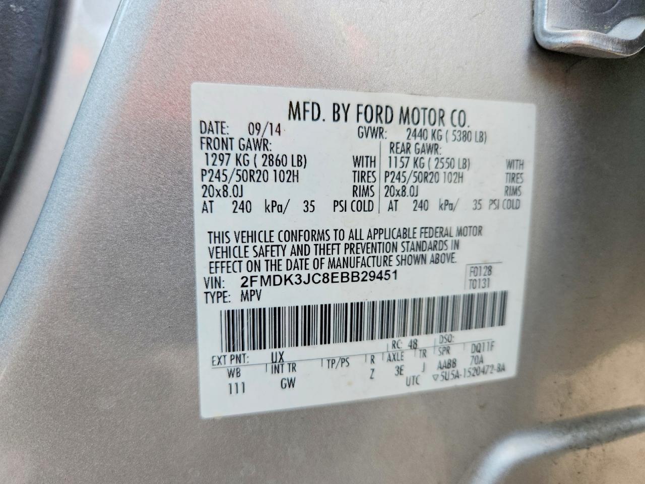 2014 Ford Edge Sel Silver vin: 2FMDK3JC8EBB29451