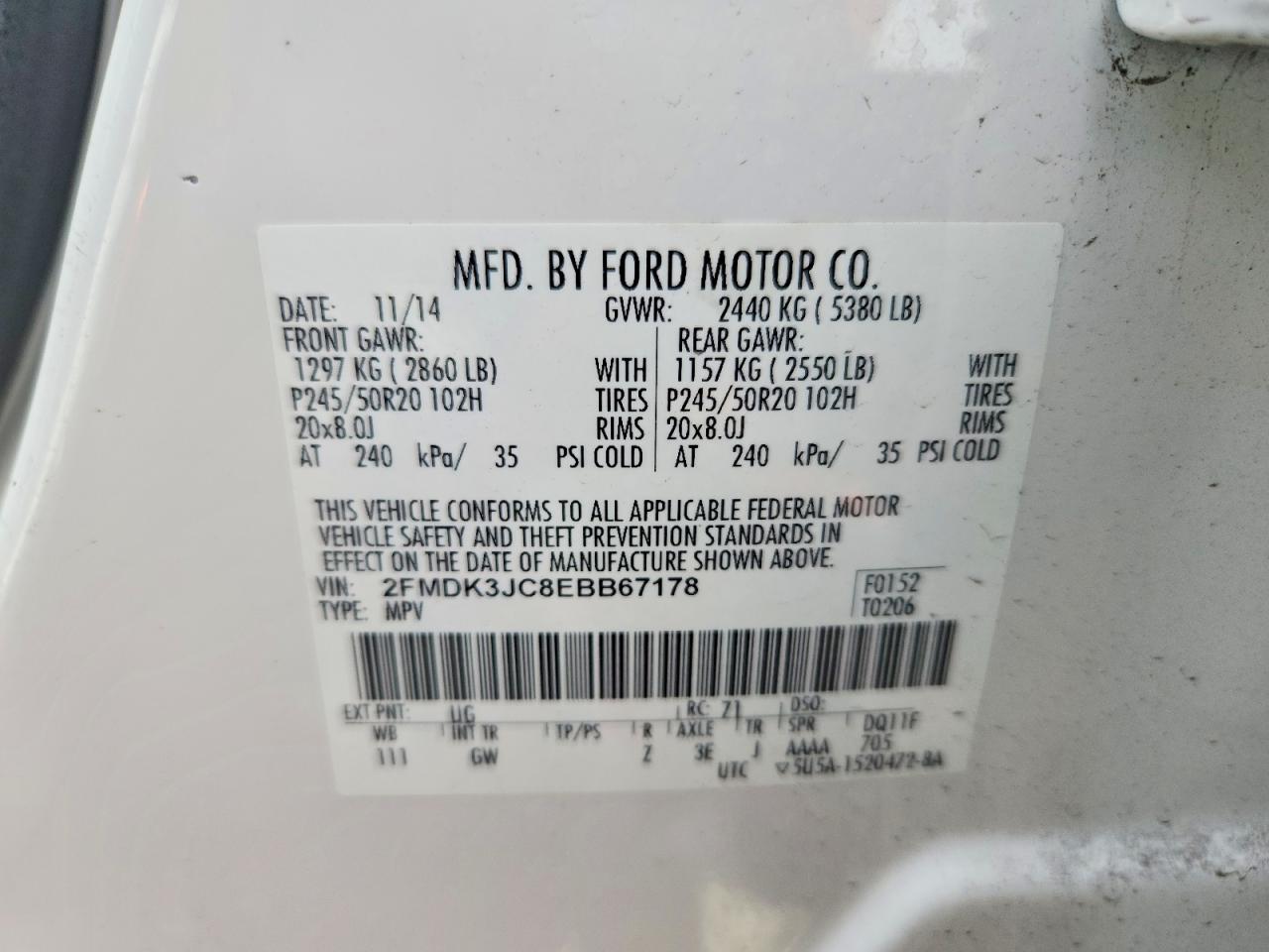 2014 Ford Edge Sel White vin: 2FMDK3JC8EBB67178