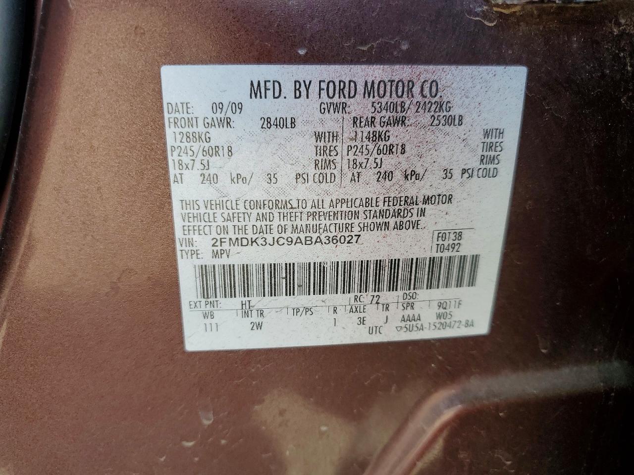 2010 Ford Edge Sel Burgundy vin: 2FMDK3JC9ABA36027