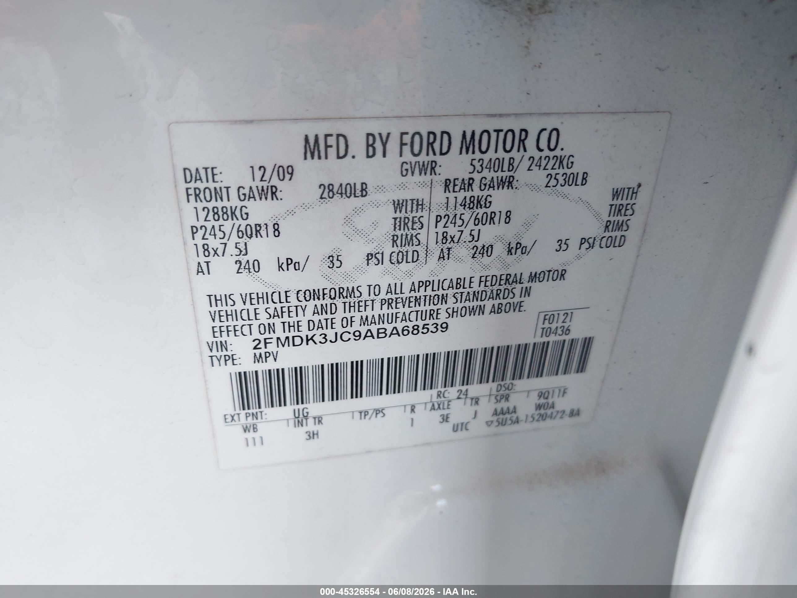 2010 Ford Edge Sel White vin: 2FMDK3JC9ABA68539
