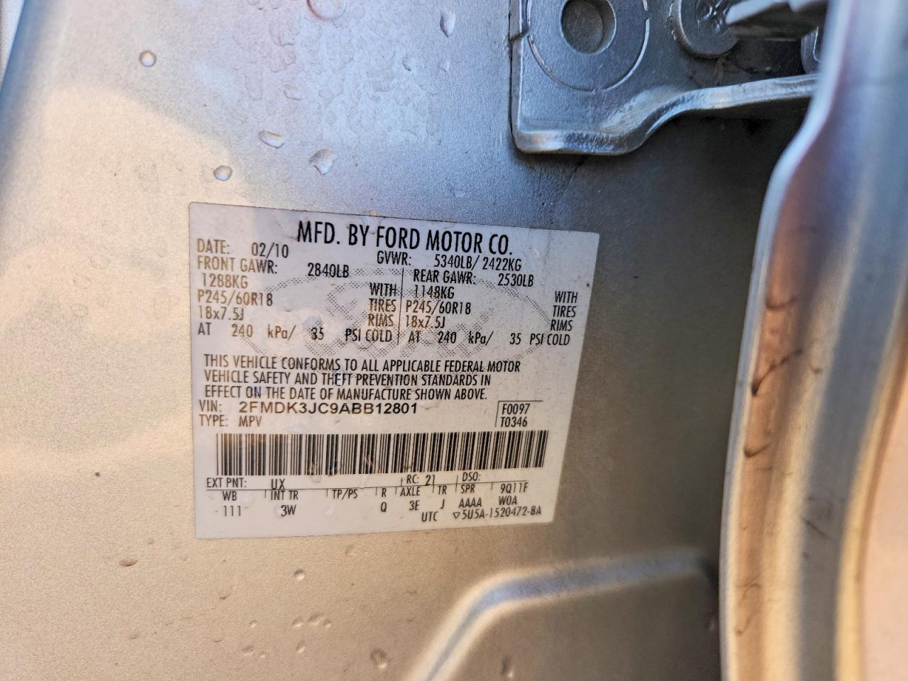 2010 Ford Edge Sel Silver vin: 2FMDK3JC9ABB12801