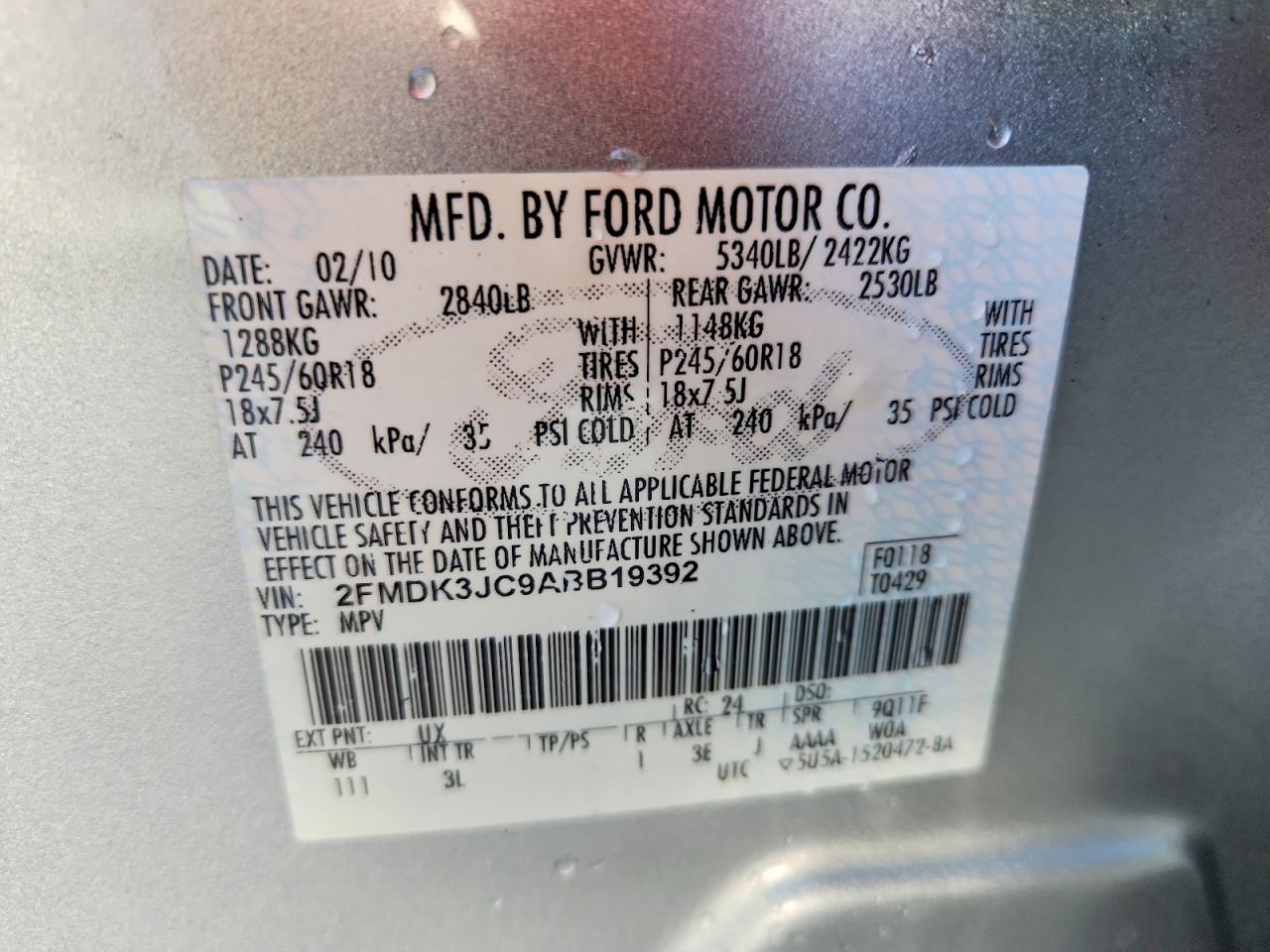 2010 Ford Edge Sel Silver vin: 2FMDK3JC9ABB19392