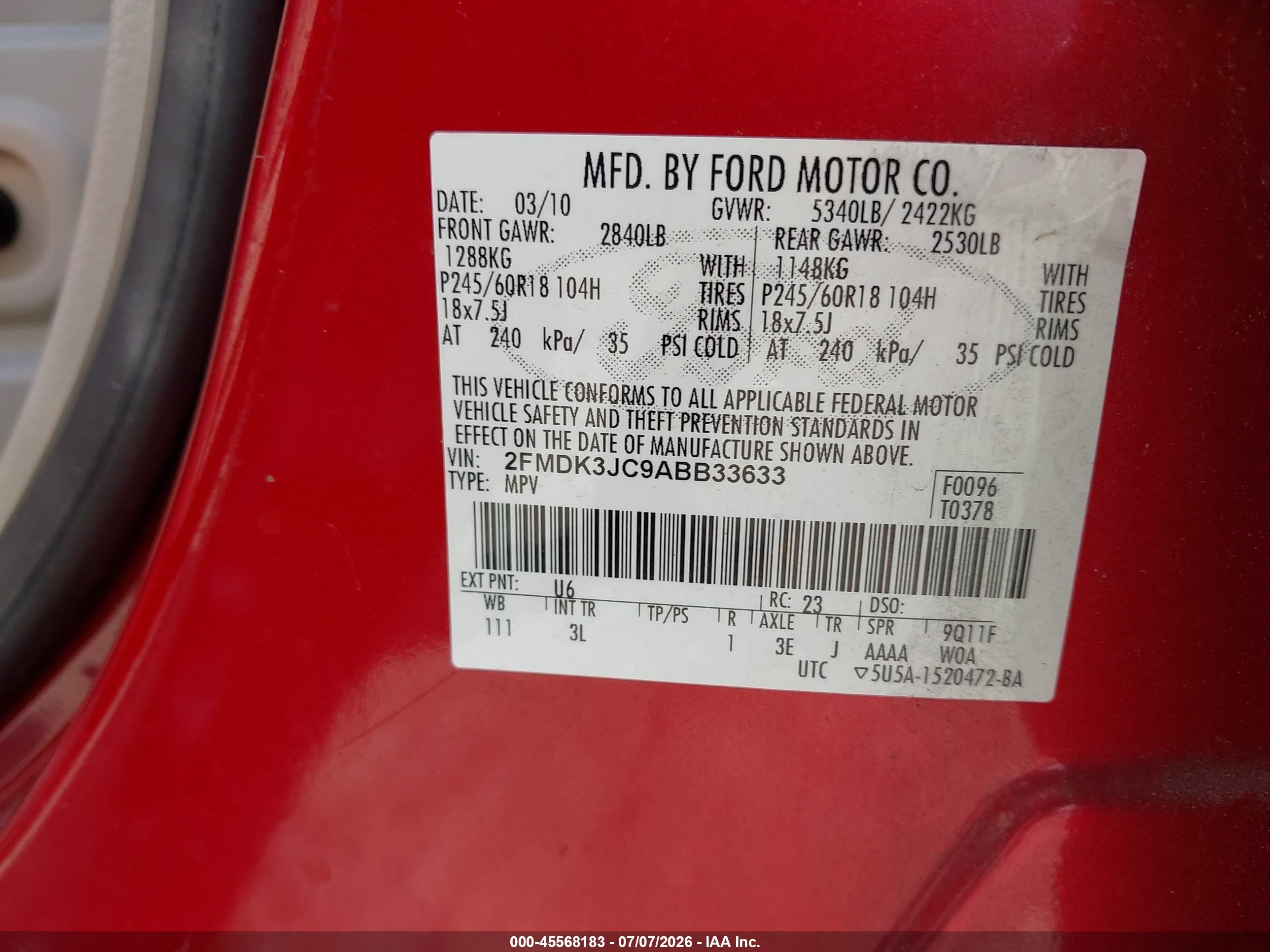 2010 Ford Edge Sel Red vin: 2FMDK3JC9ABB33633