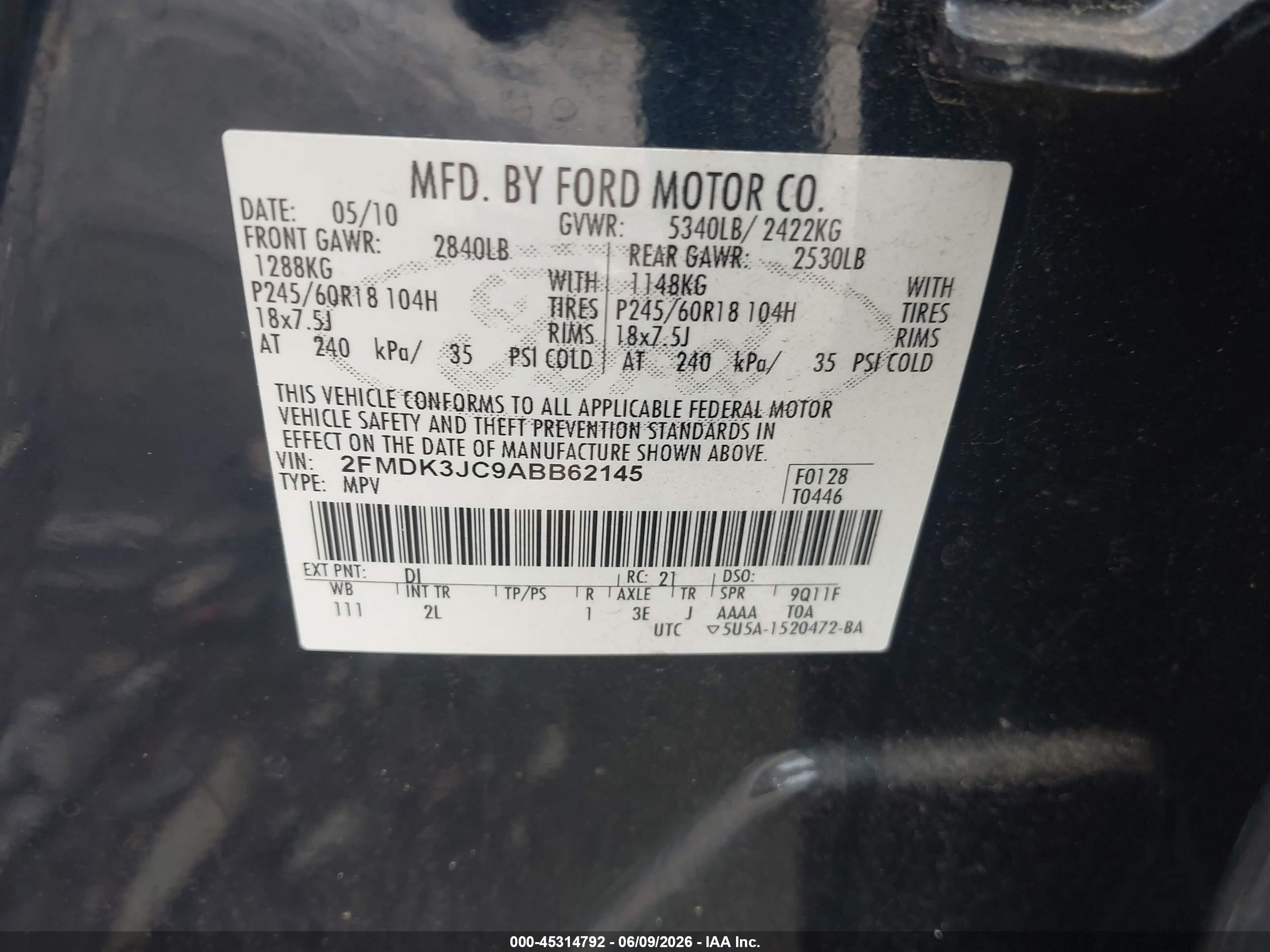 2010 Ford Edge Sel Blue vin: 2FMDK3JC9ABB62145