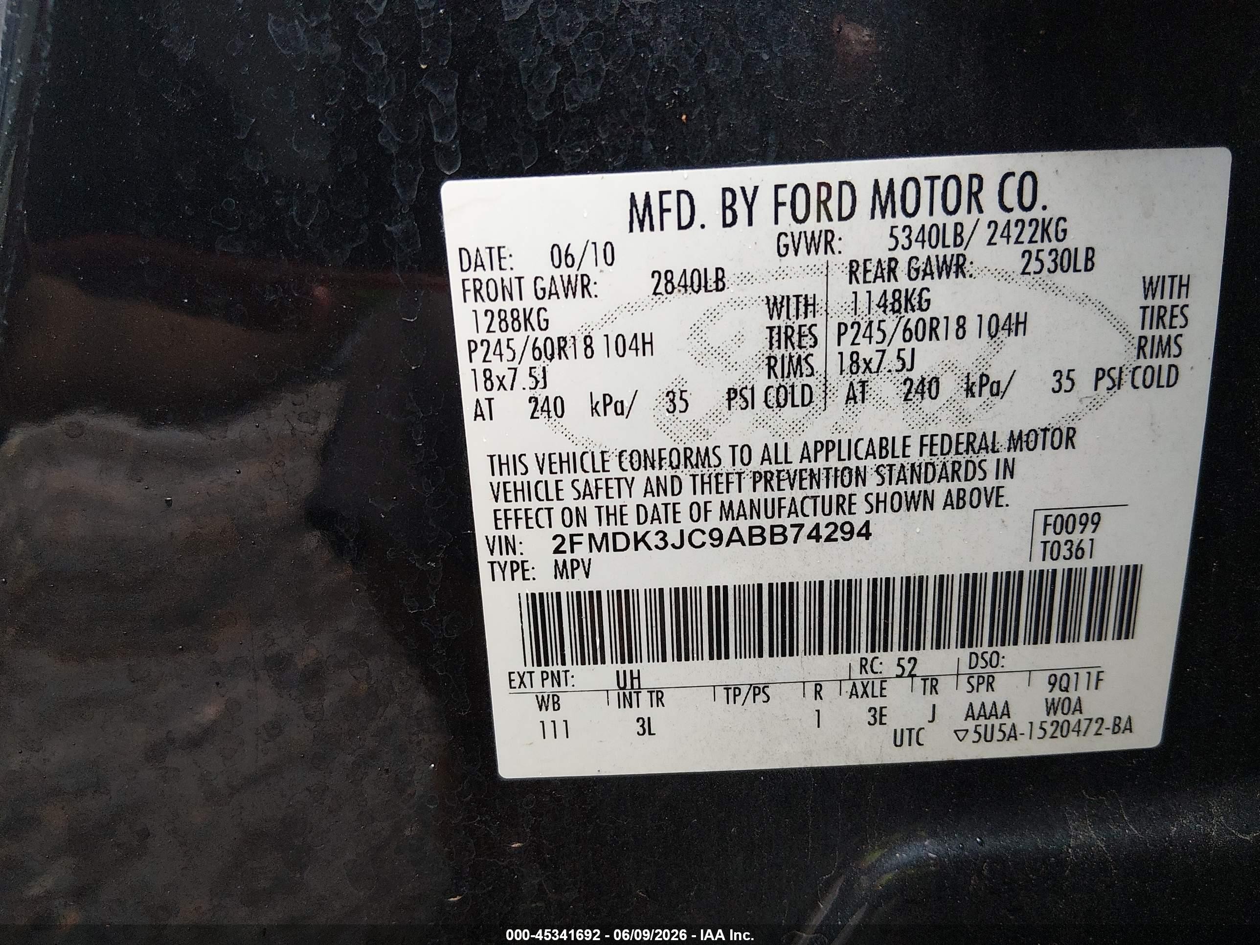 2010 Ford Edge Sel Black vin: 2FMDK3JC9ABB74294