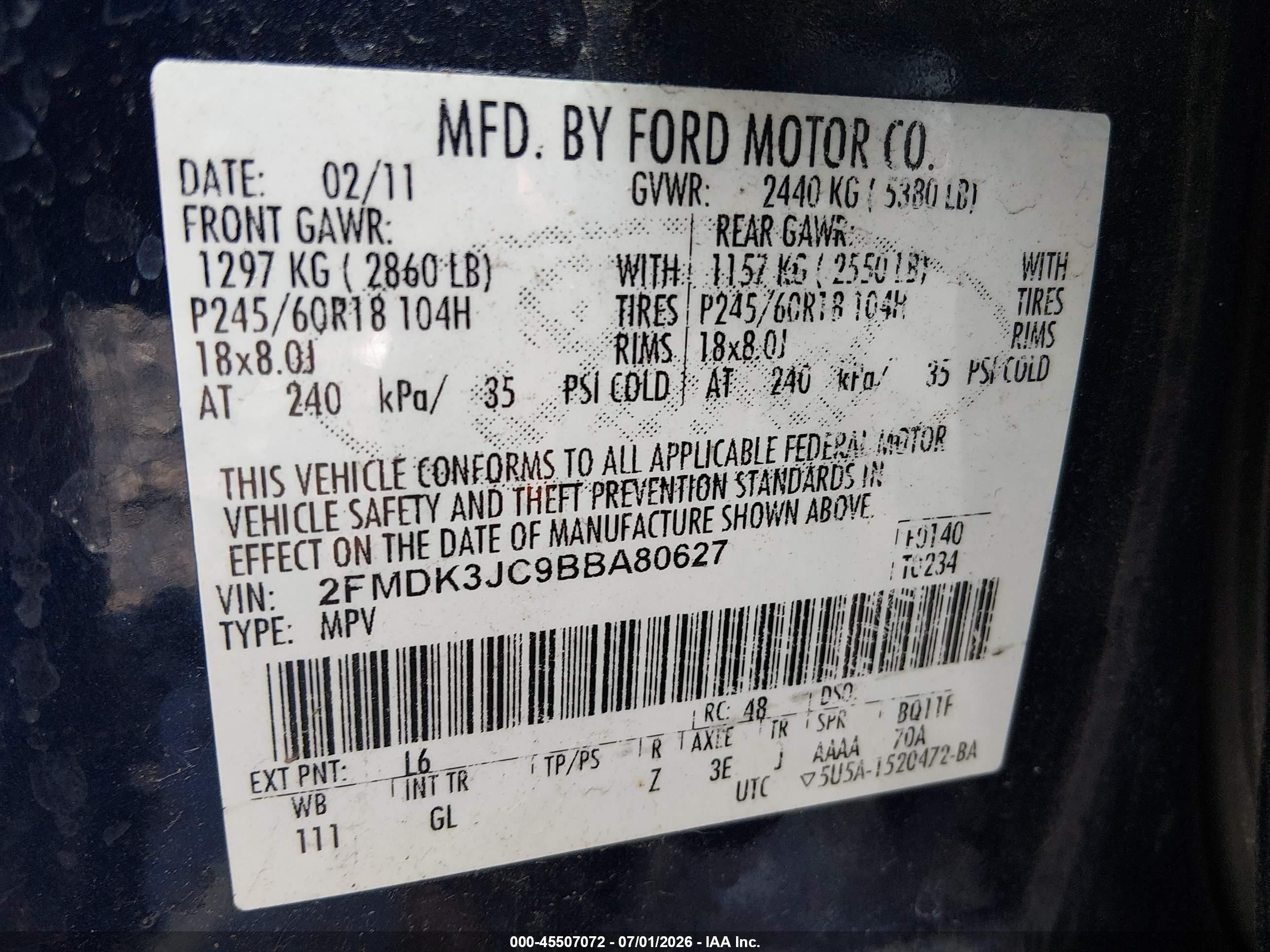 2011 Ford Edge Sel Blue vin: 2FMDK3JC9BBA80627