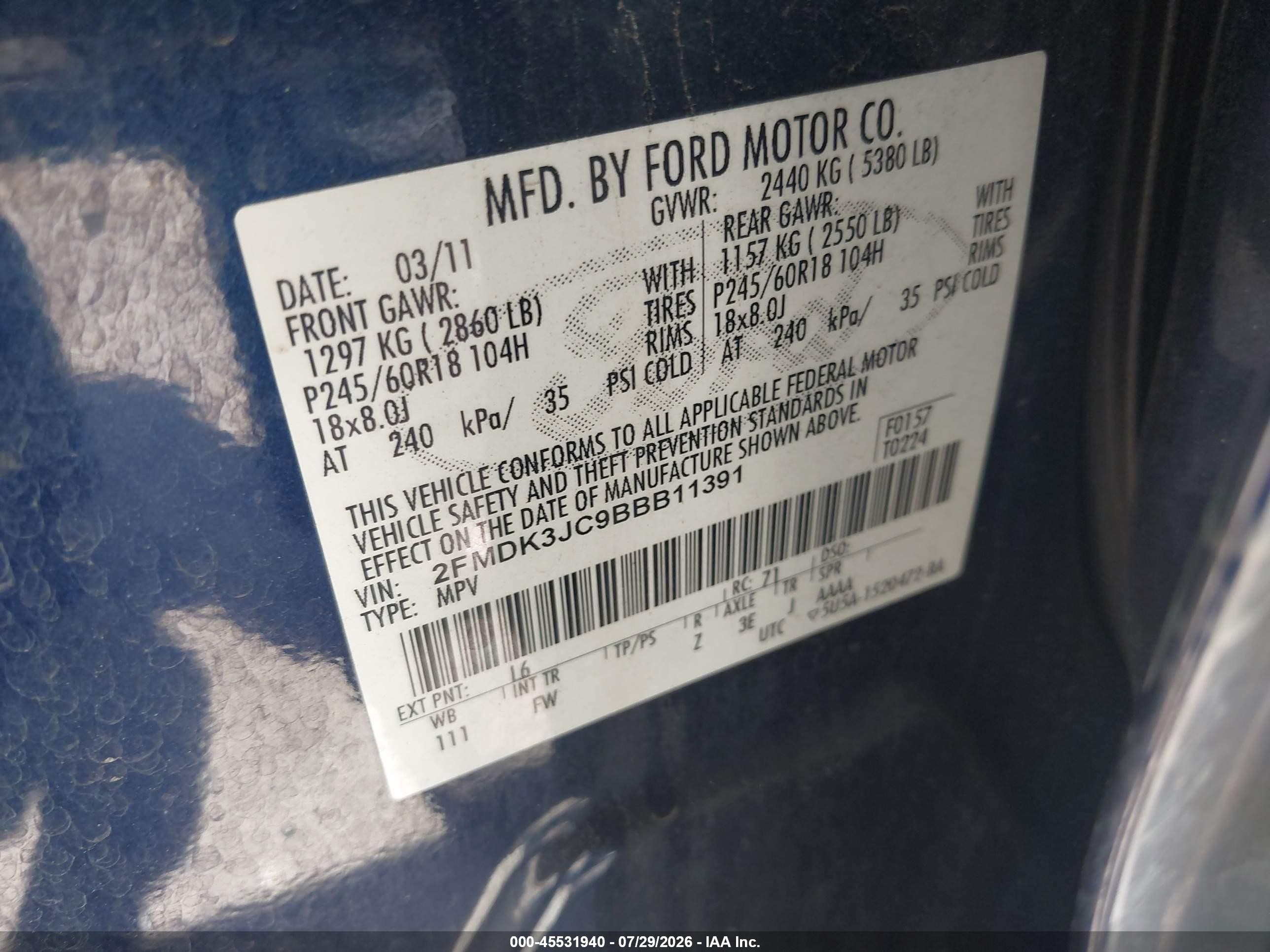 2011 Ford Edge Sel Синий vin: 2FMDK3JC9BBB11391