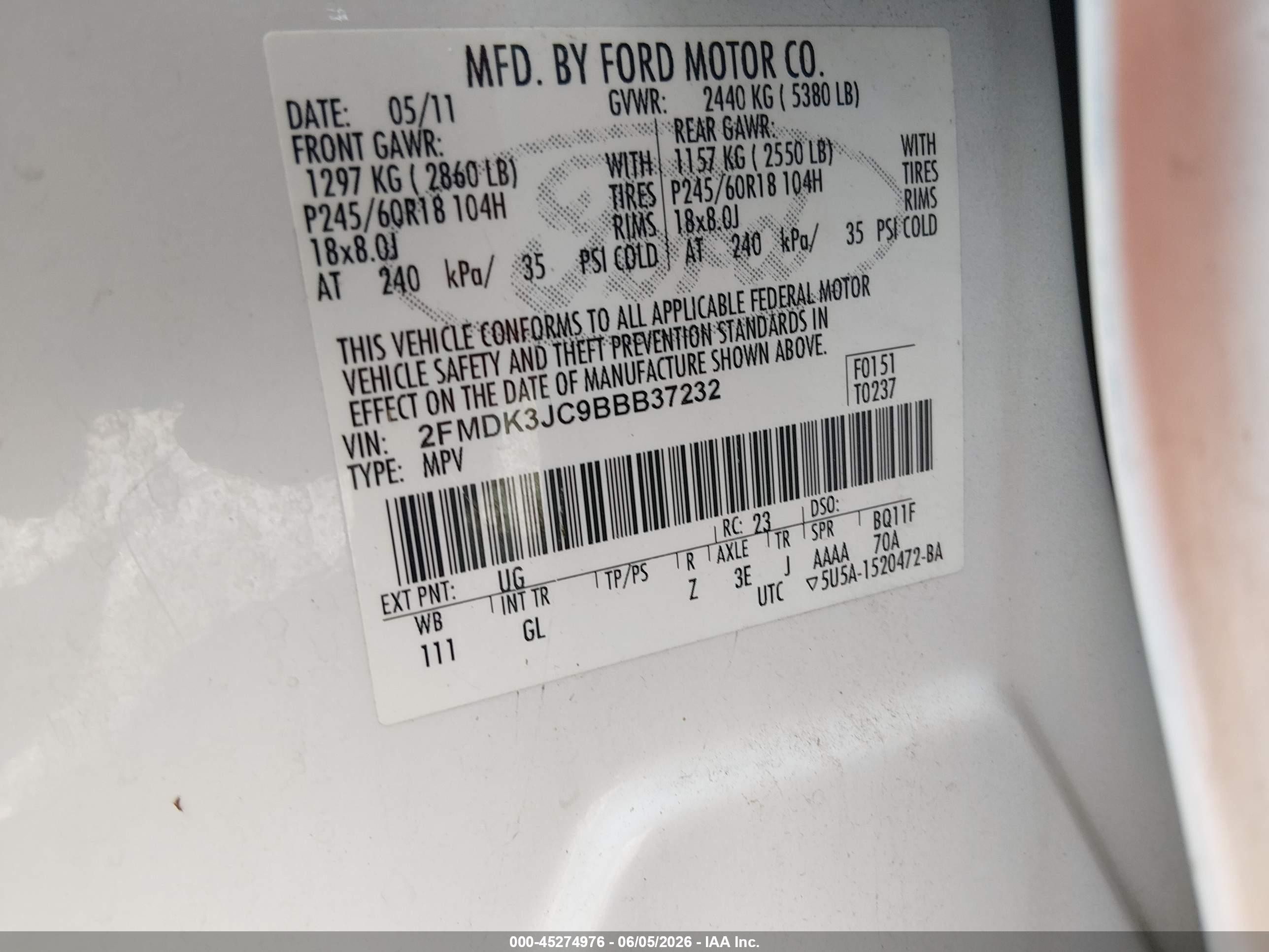 2011 Ford Edge Sel White vin: 2FMDK3JC9BBB37232
