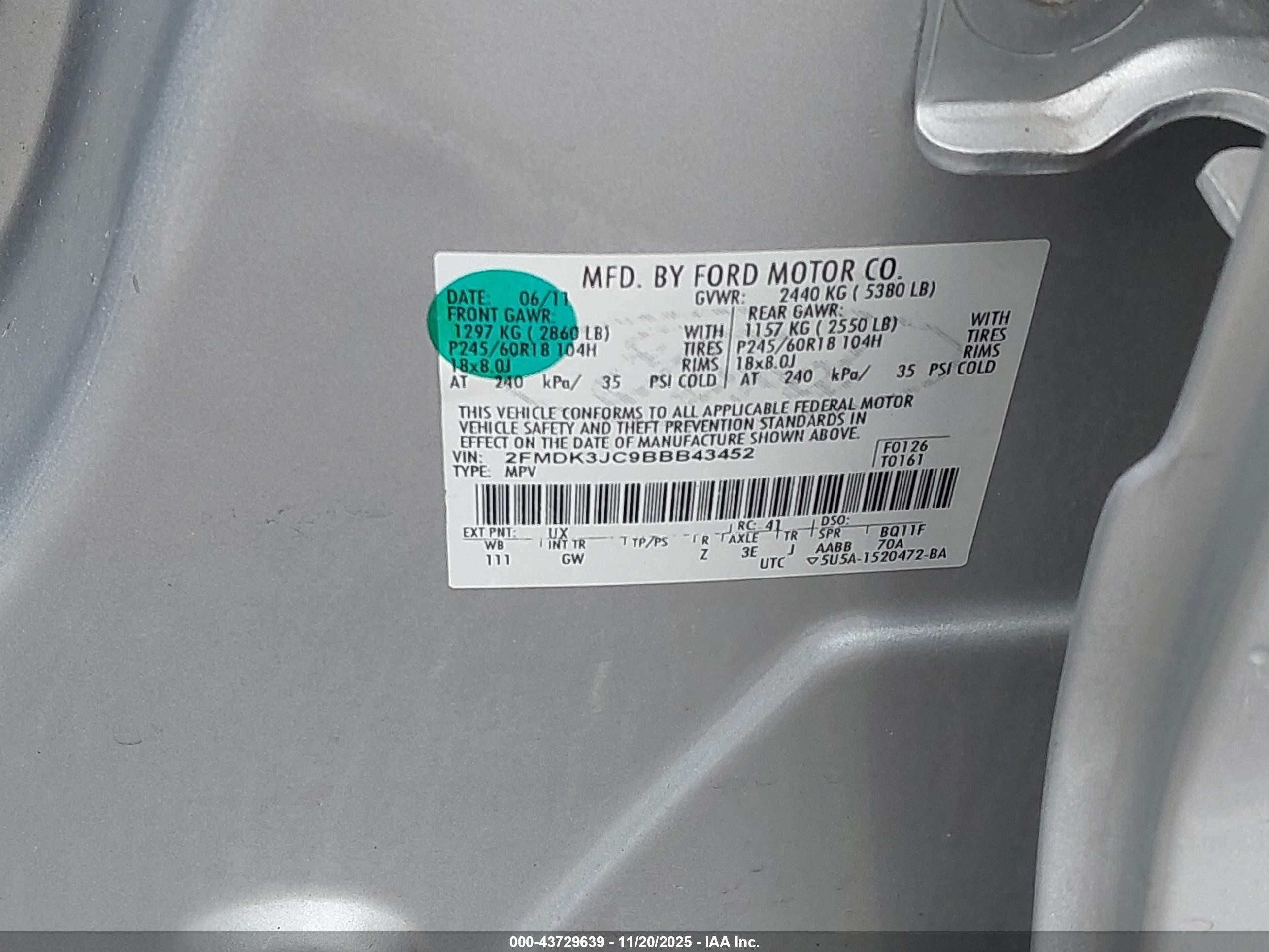 2011 Ford Edge Sel Серебряный vin: 2FMDK3JC9BBB43452