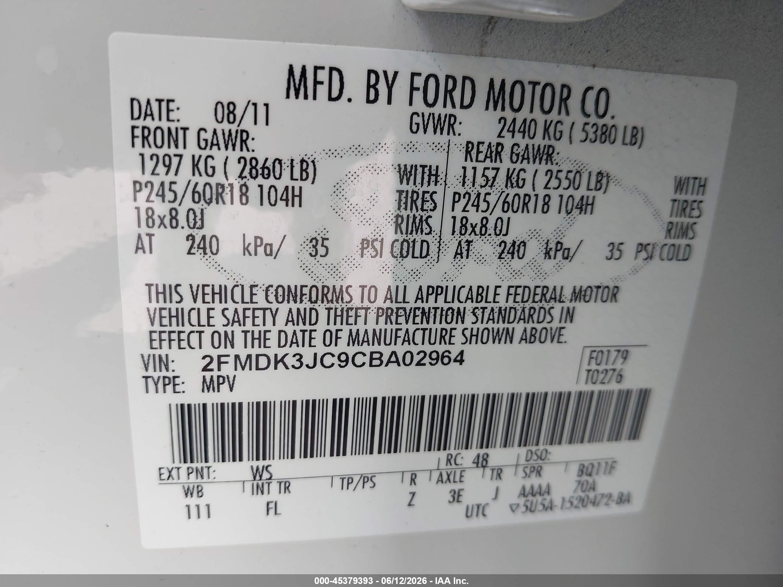 2012 Ford Edge Sel White vin: 2FMDK3JC9CBA02964