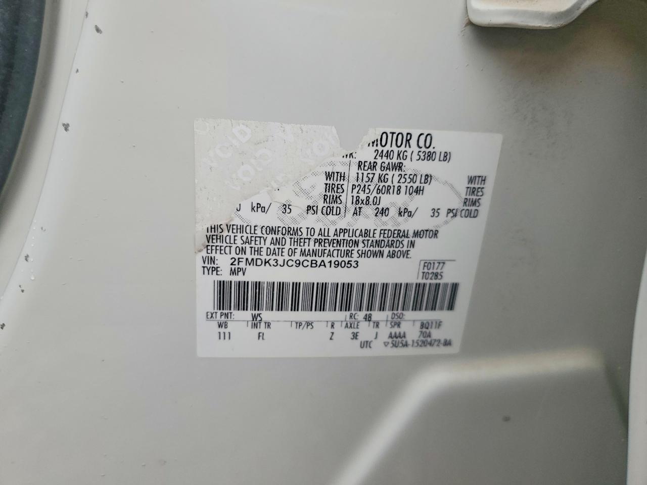 2012 Ford Edge Sel White vin: 2FMDK3JC9CBA19053