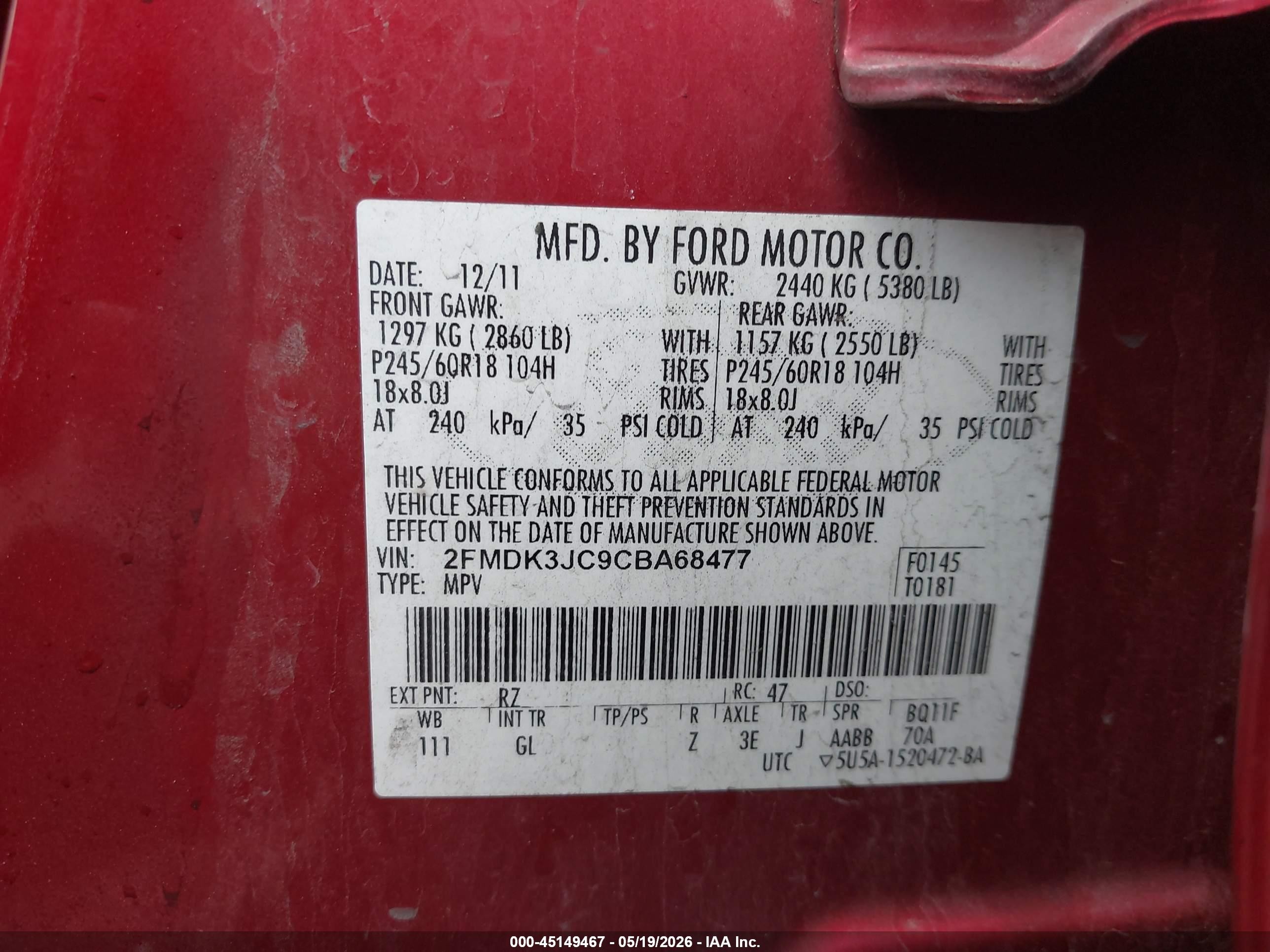 2012 Ford Edge Sel Red vin: 2FMDK3JC9CBA68477