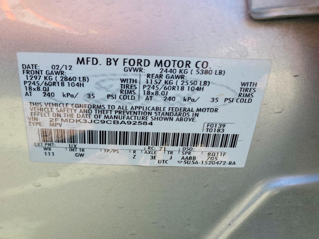2012 Ford Edge Sel Silver vin: 2FMDK3JC9CBA92584