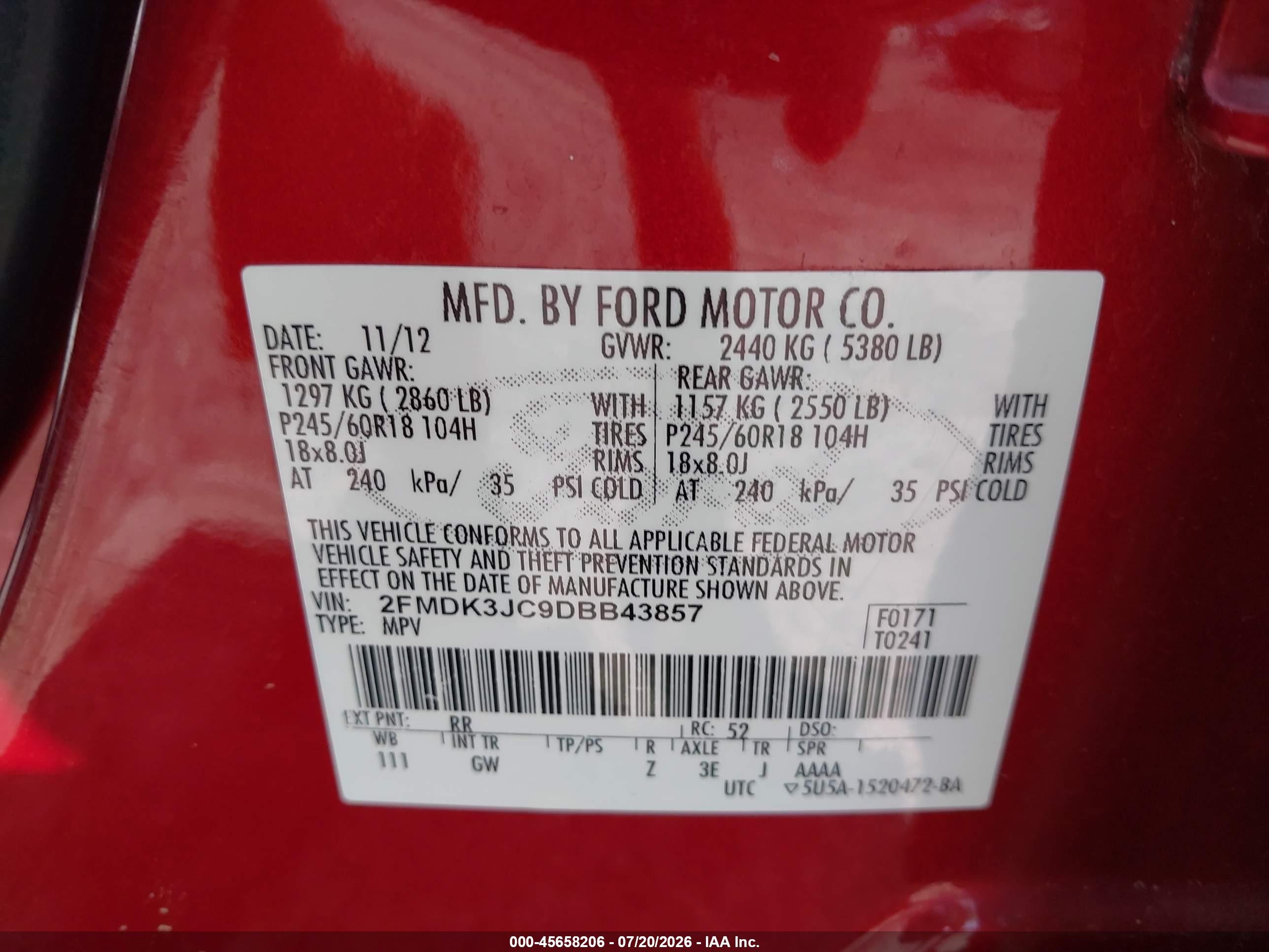2013 Ford Edge Sel Red vin: 2FMDK3JC9DBB43857
