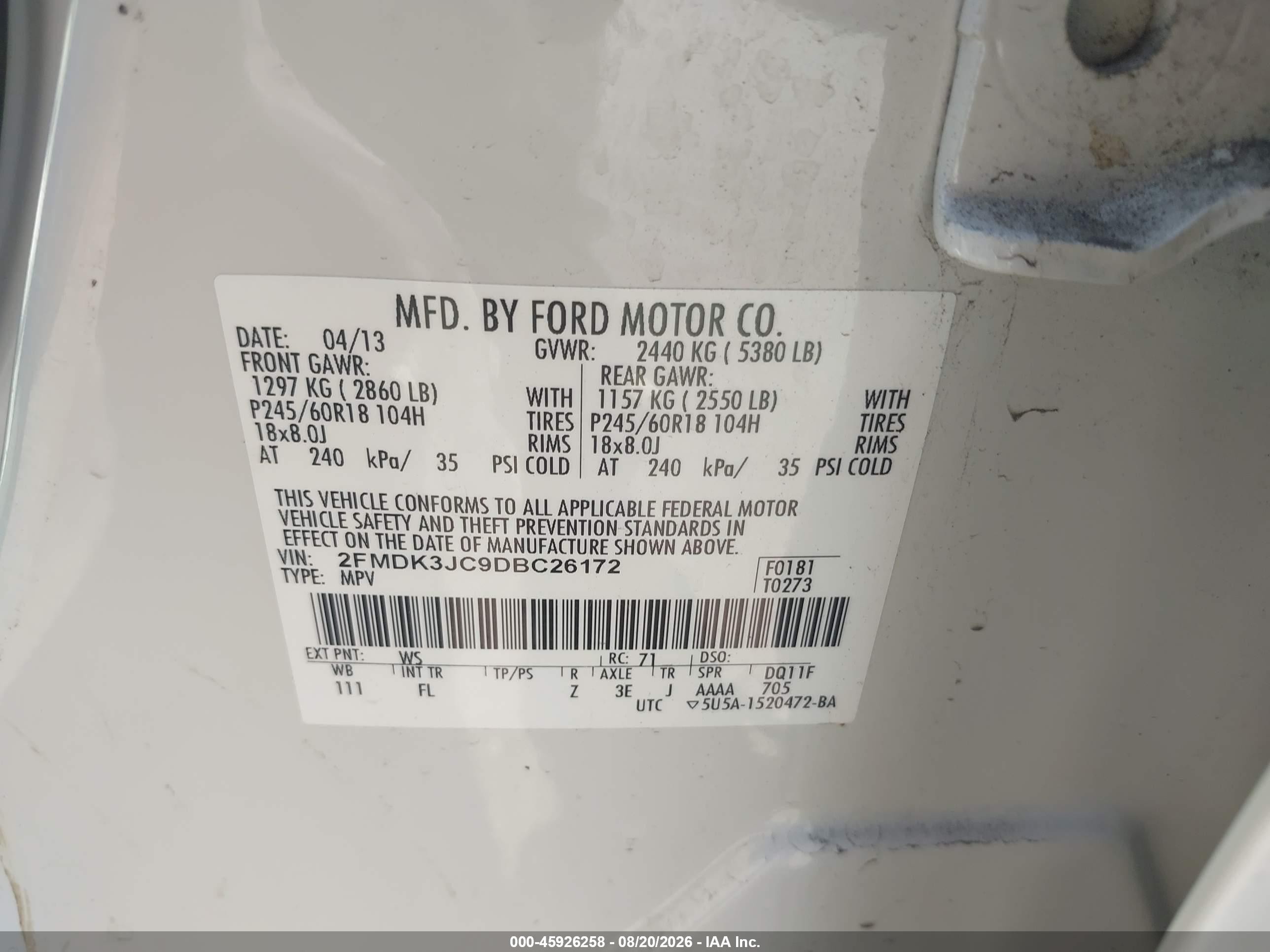 2013 Ford Edge Sel White vin: 2FMDK3JC9DBC26172