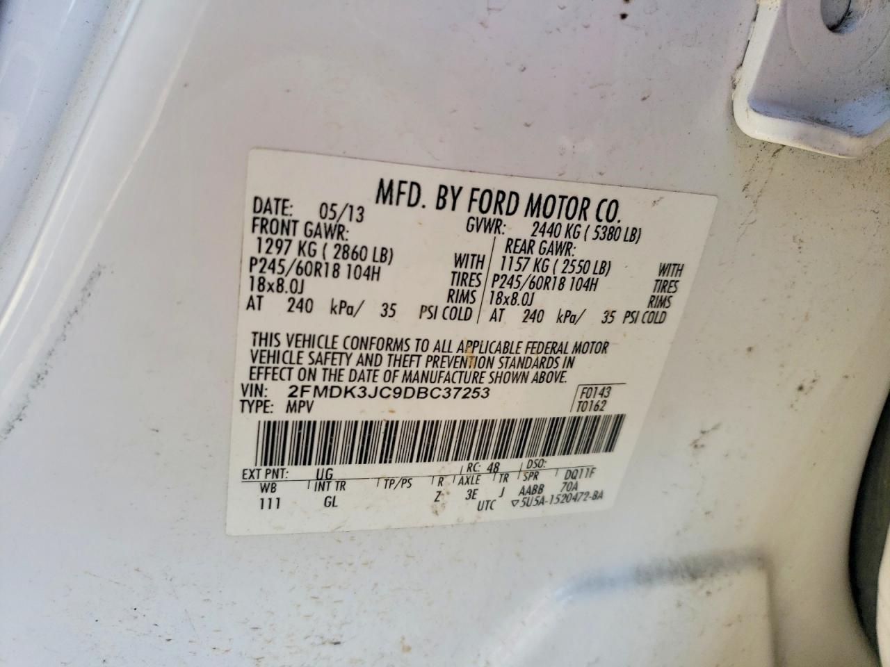2013 Ford Edge Sel White vin: 2FMDK3JC9DBC37253