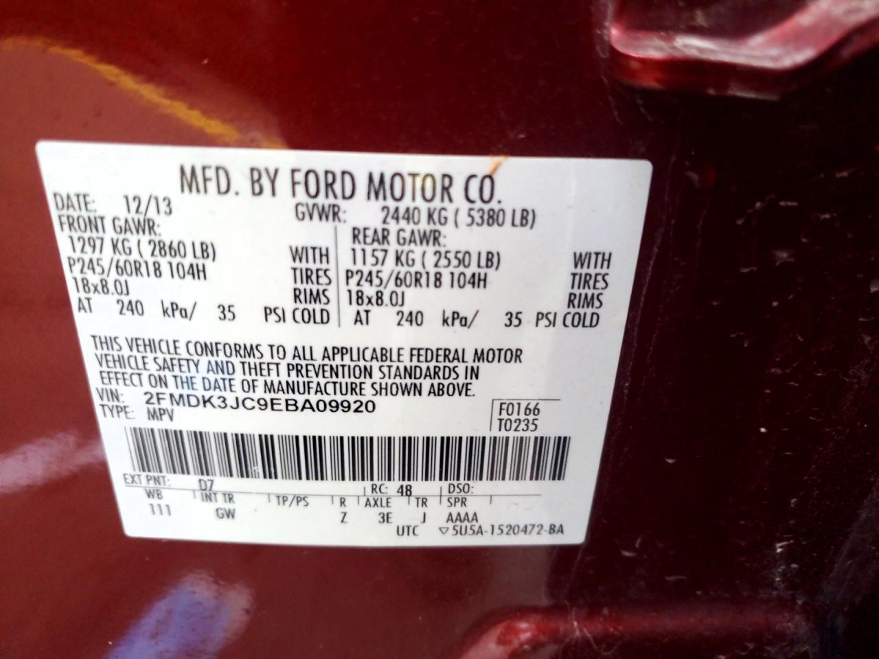 2014 Ford Edge Sel Burgundy vin: 2FMDK3JC9EBA09920