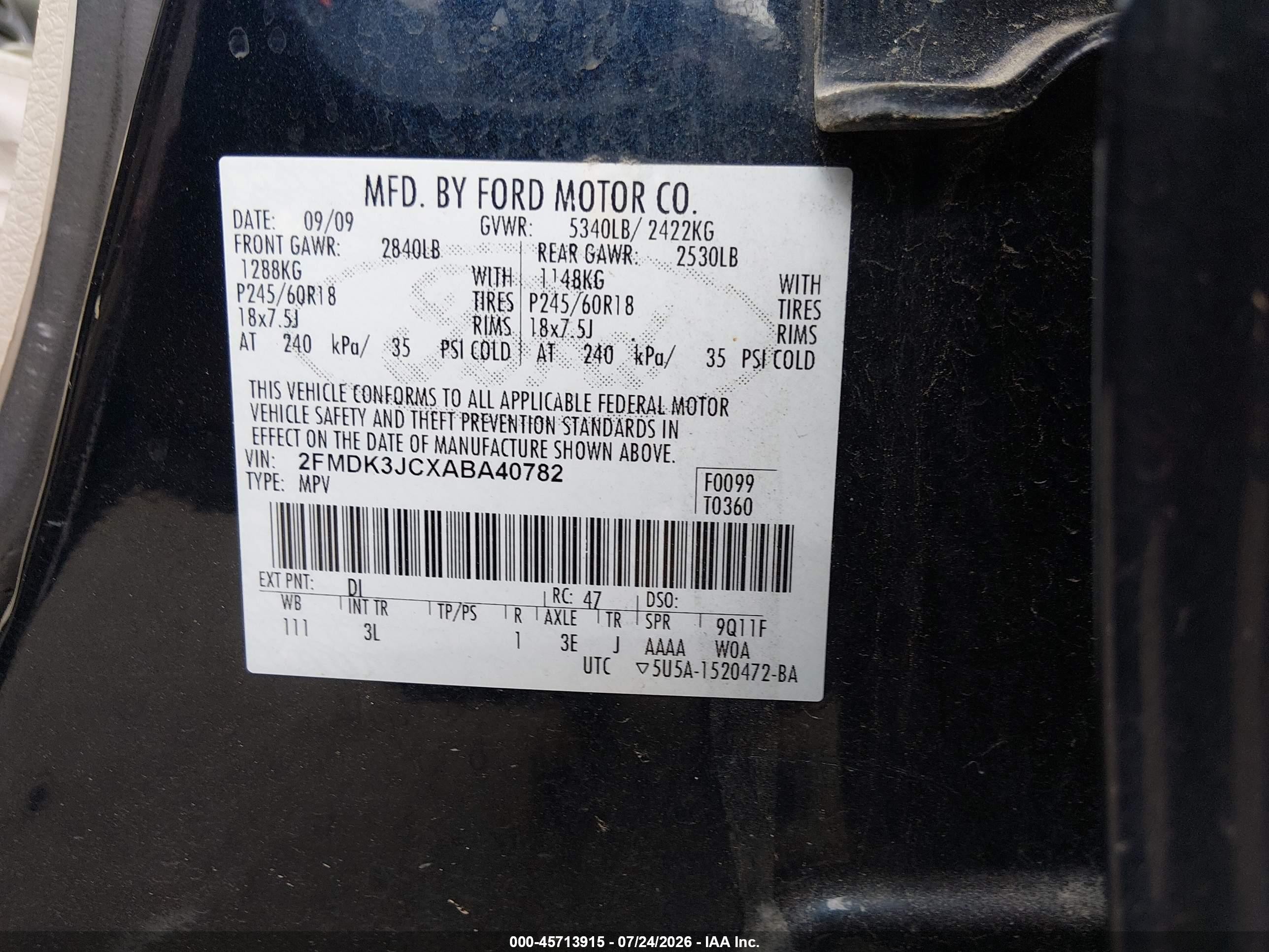 2010 Ford Edge Sel Black vin: 2FMDK3JCXABA40782