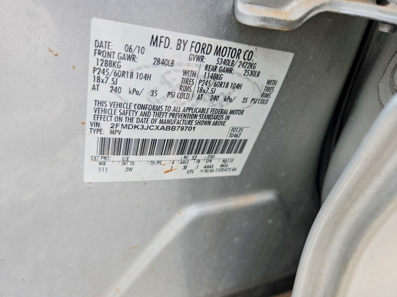 2010 Ford Edge Sel Silver vin: 2FMDK3JCXABB79701
