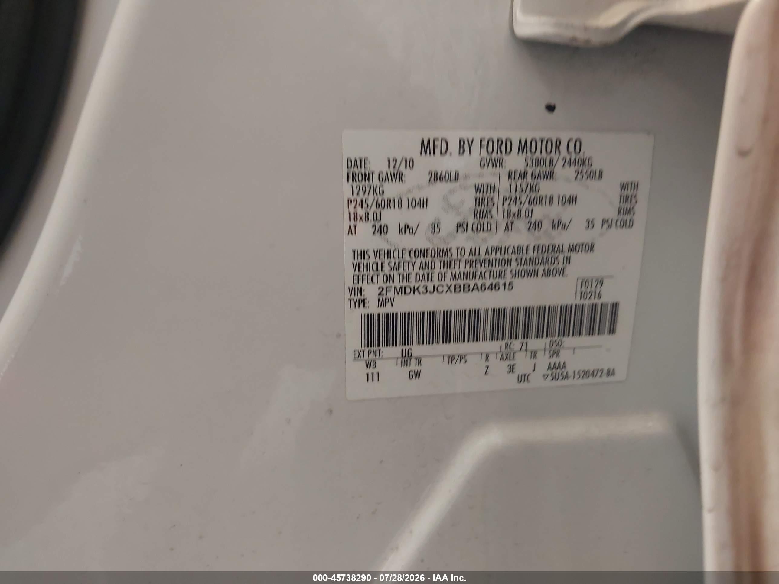 2011 Ford Edge Sel White vin: 2FMDK3JCXBBA64615