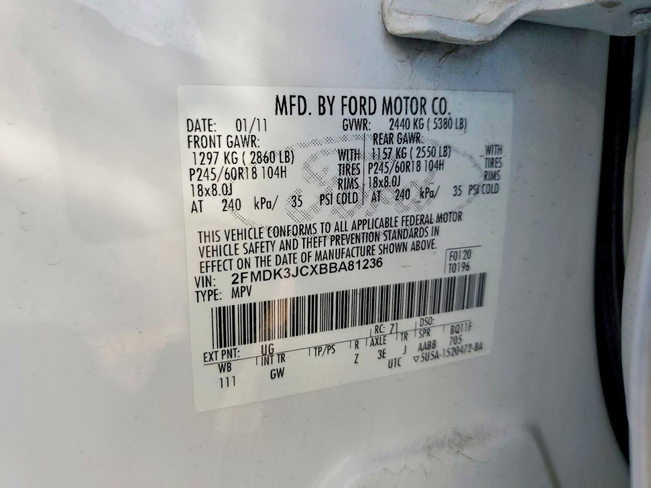 2011 Ford Edge Sel White vin: 2FMDK3JCXBBA81236