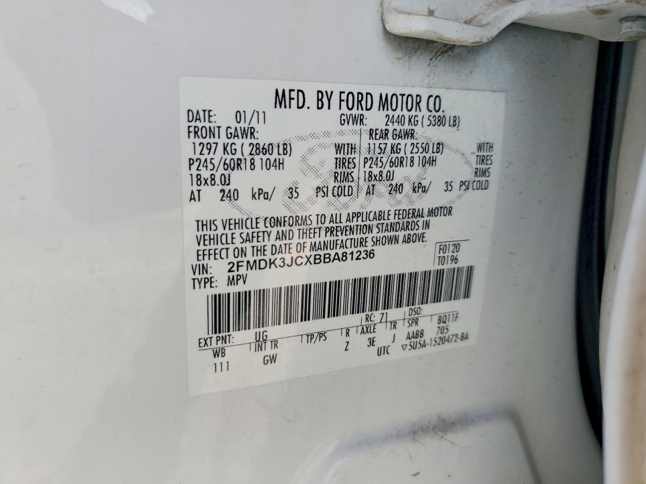 2011 Ford Edge Sel White vin: 2FMDK3JCXBBA81236